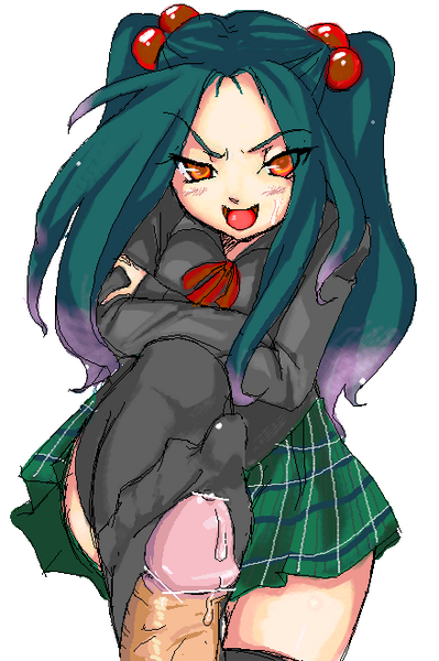 arms_crossed bar_censor black_legwear black_thighhighs breasts censored character_request clothed_female crossed_arms feet female femdom footjob footjob_with_legwear green_hair legwear looking_at_viewer looking_down male open_mouth penis precum precum_drip red_eyes school_uniform schoolgirl skirt standing standing_footjob stockings thighhighs tongue ya