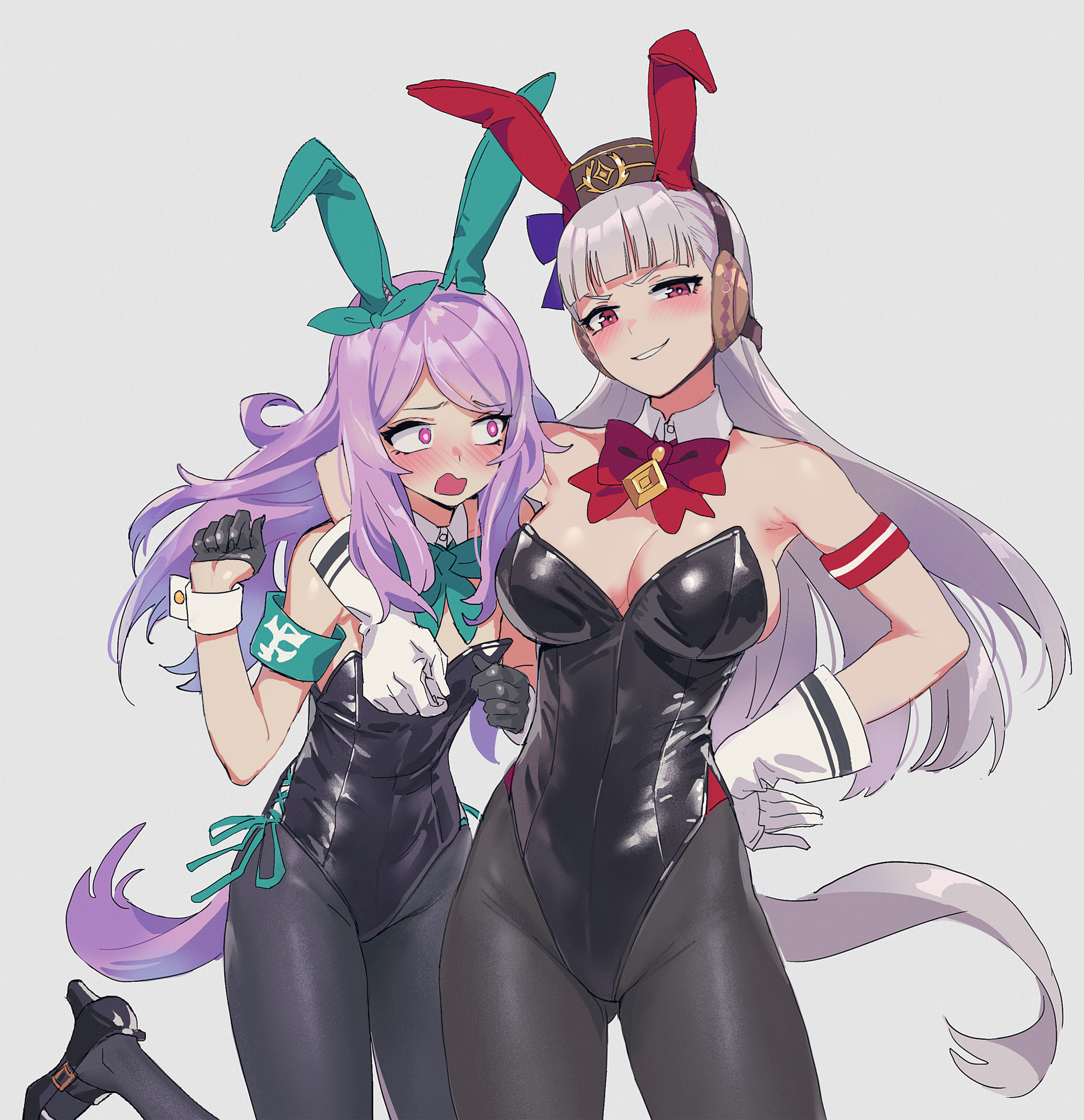 2girls, armband, big breasts, blunt bangs, blush, breast size difference, breasts, bunny ears, bunnysuit, cleavage, detached collar, female, female only, flat chest, gloves, gold ship (umamusume), grin, hair ribbon, headgear, headwear, horse girl, horse tail, lavender hair, looking at viewer, mejiro mcqueen (umamusume), nervous, pantyhose, playing videogame, purple hair, sarcophage, silver hair, small breasts, smile, umamusume, umamusume pretty derby, white hair