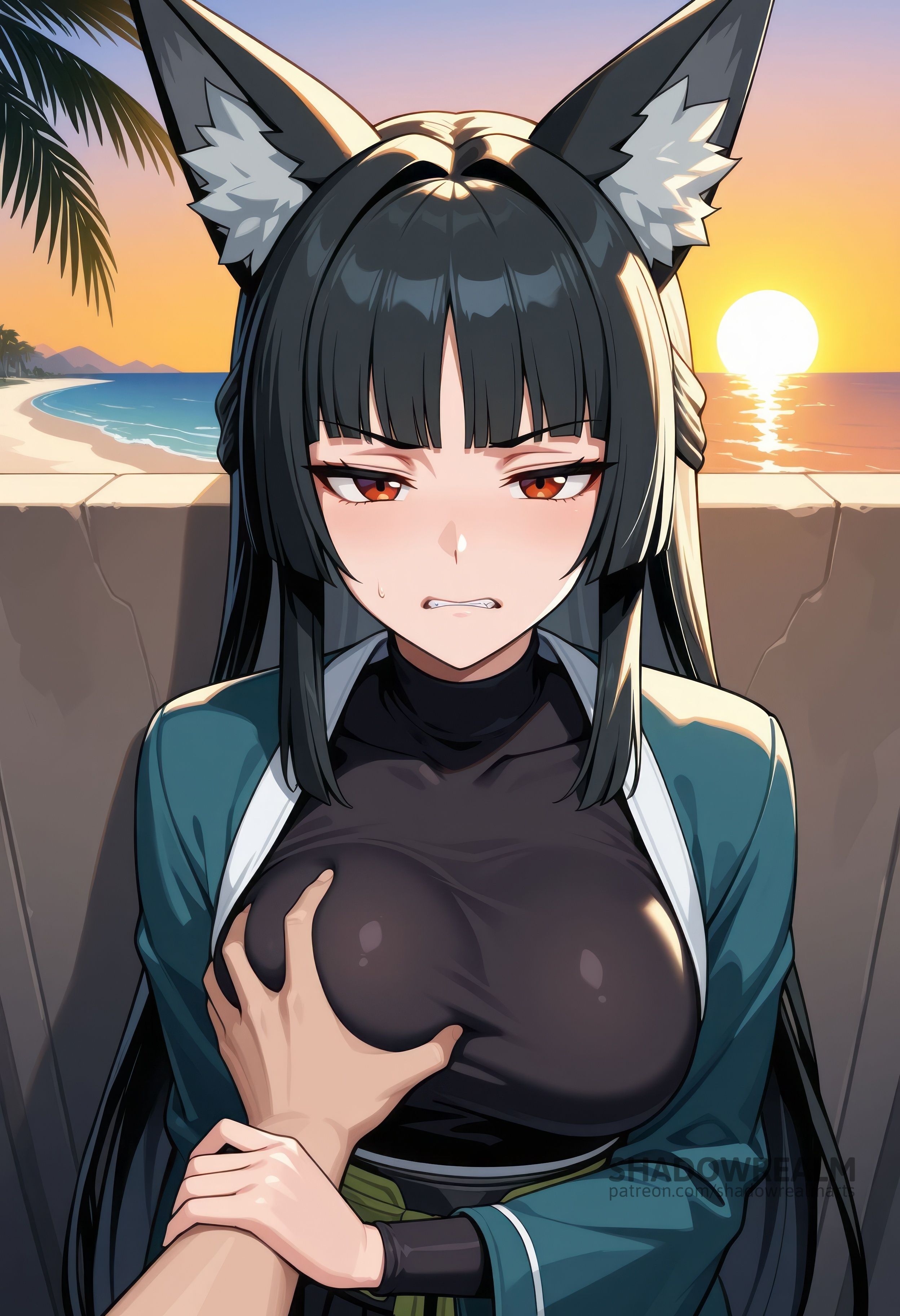 1boy, ai generated, animal ear fluff, animal ears, beach, black hair, black shirt, blunt bangs, blush, breasts, clenched teeth, collarbone, female, fox ears, grabbing, grabbing another's breast, guided breast grab, guiding hand, holding another's wrist, hoshimi miyabi, japanese clothes, large breasts, long hair, long sleeves, looking at viewer, male, ocean, outdoors, palm tree, pov, pov hands, red eyes, scowl, shadowrealmarts, solo focus, straight, sunset, teeth, uncensored, upper body, zenless zone zero