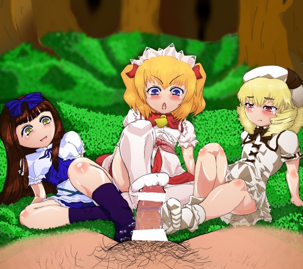 bar_censor black_socks blonde_hair blush brown_hair censored clothed_female clothed_female_nude_male feet female footjob footjob_with_legwear footwear forest luna_child male male_pov open_mouth penis pov pubic_hair sitting sockjob socks star_sapphire_(touhou) sunny_milk teamwork touhou triple_footjob white_socks