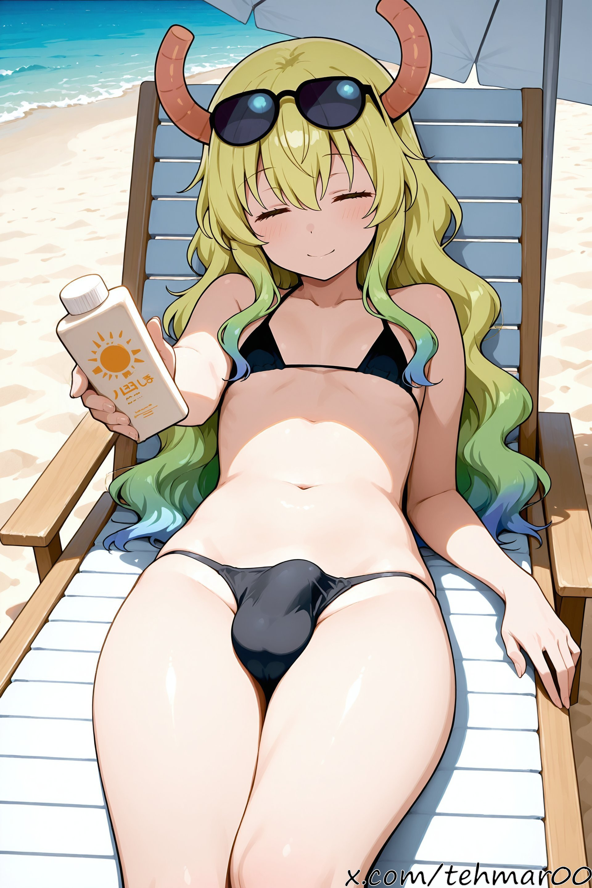 1boy, ai generated, beach, beach chair, beach umbrella, bikini, black bikini, blonde hair, blush, bottle, bulge, closed eyes, closed mouth, day, dragon horns, erection, erection under clothes, eyebrows visible through hair, femboy, genderswap (ftm), gradient hair, green hair, holding, horns, kobayashi-san chi no maidragon, long hair, lucoa, lucoa (maidragon), lying, male, micro bikini, multicolored hair, navel, on back, outdoors, quetzalcoatl (dragon maid), rule 63, sand, smile, solo, sunglasses, sunglasses on head, sunscreen, swimsuit, tagme, tehmar, trans woman, transfem, trap, umbrella, wavy hair