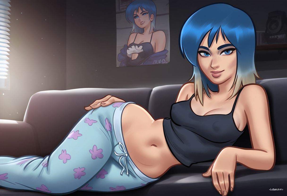 1girls, 2025, 2d, 2d (artwork), ai generated, blue eyes, blue hair, breasts, civitai, cleavage, digital drawing (artwork), eve (summertime saga), female, female focus, female only, laying down, laying on side, light skin, light-skinned female, looking at viewer, medium breasts, nipples, nipples visible through clothing, on side, pants, pose, posing, pyjamas, seductive, seductive eyes, seductive look, seductive pose, seductive smile, showing off, summertime saga, tank top, teenage female, teenager, thick thighs, toberbog, two-tone hair