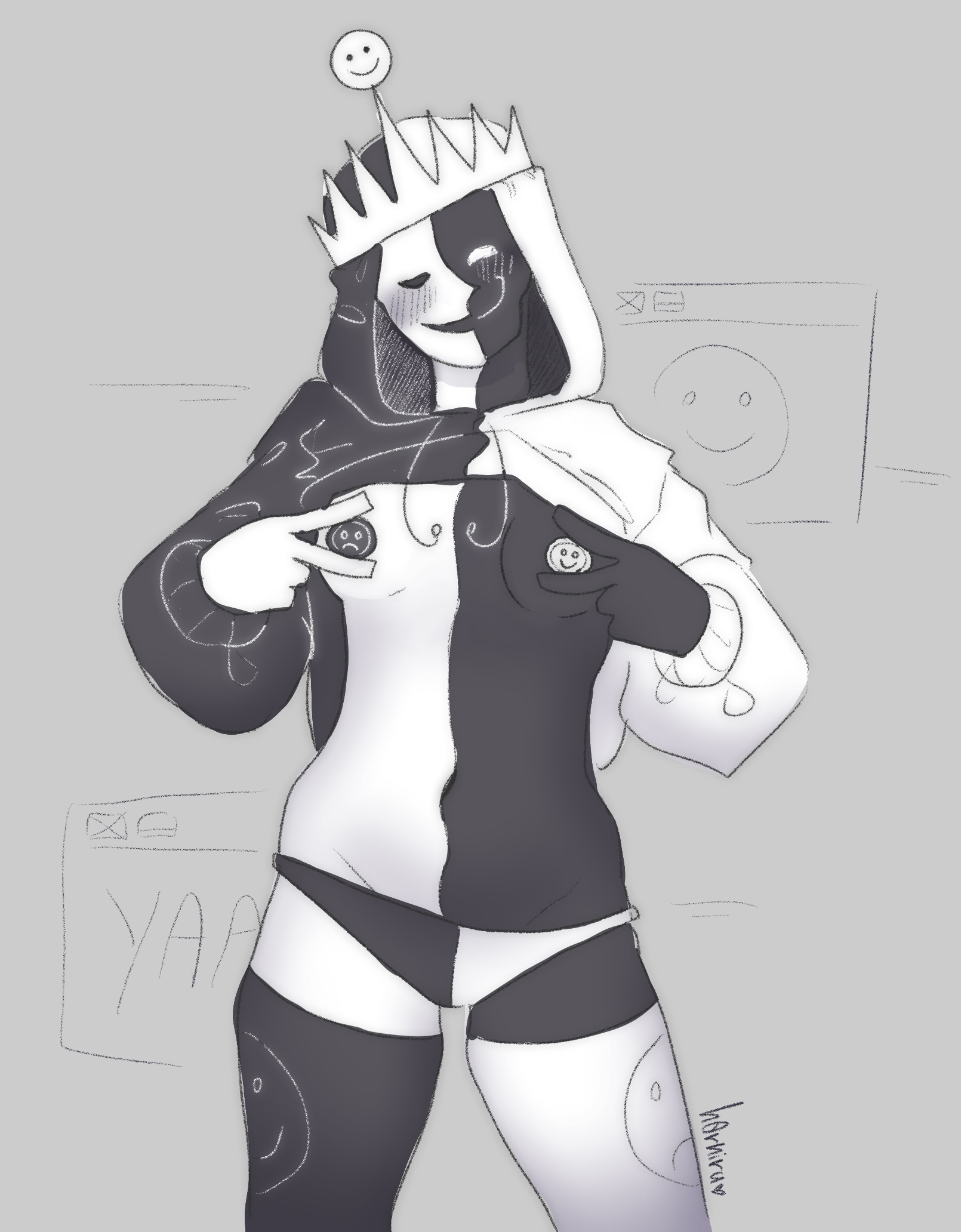 artist name, breasts, female, forsaken (roblox), h0rniru, hoodie, monochrome, nipple stickers, noli, noli (forsaken), panties, roblox, roblox game, roblox myth, robloxian, self upload, small breasts, smiley face, smiling at viewer, stockings, tagme, touching breast, yaai noli, you are an idiot!