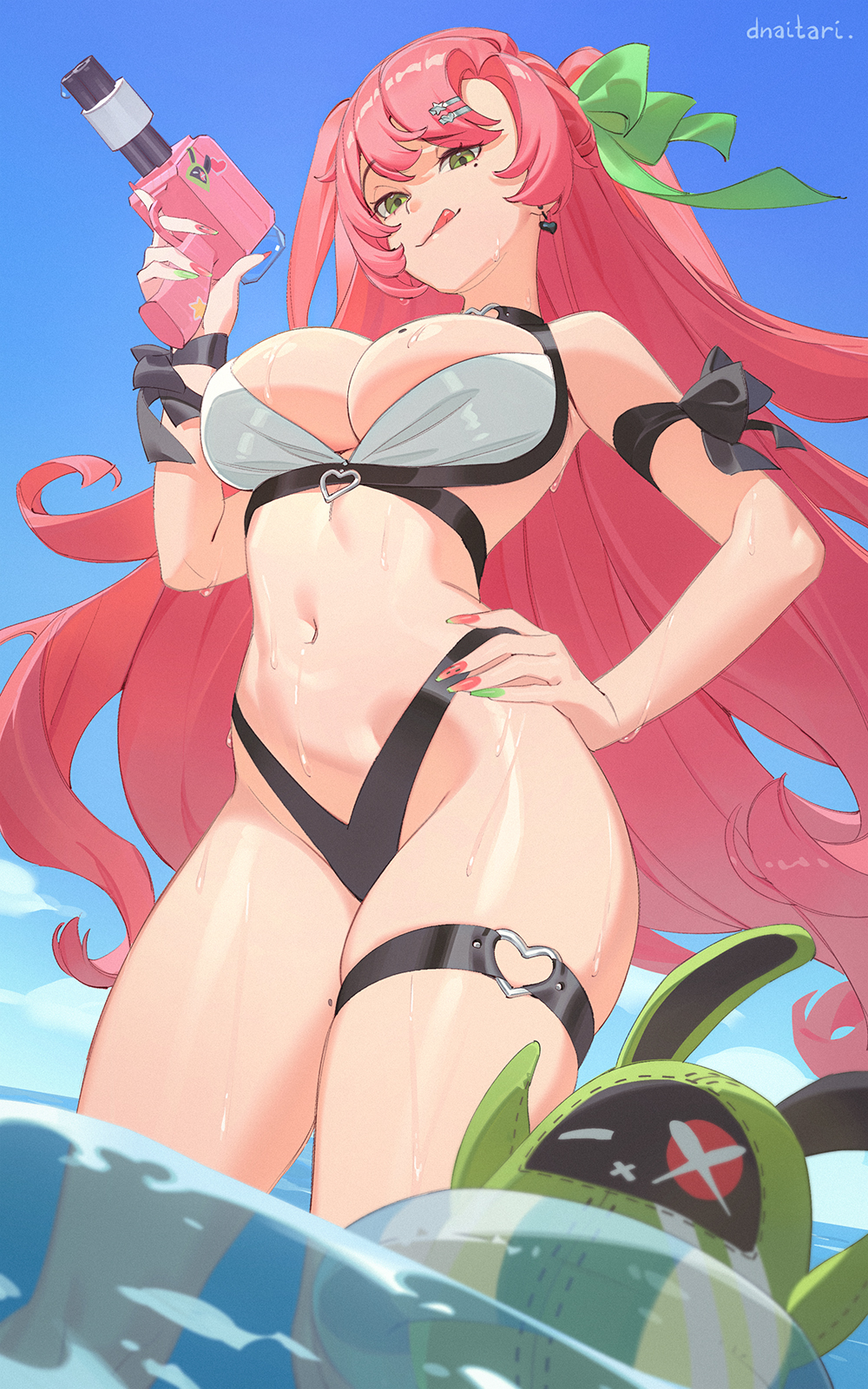 :q, bangboo (zenless zone zero), bikini, black choker, blue sky, breasts, choker, cunning hares, day, dnaitari, earrings, female, female only, green eyes, hair ornament, hairclip, hand on own hip, heart, heart earrings, highleg, highleg bikini, highres, holding, holding water gun, innertube, jewelry, large breasts, long hair, mole, mole on breast, mole on thigh, mole under eye, nail polish, navel, nicole demara, outdoors, pink hair, sky, solo, stomach, swim ring, swimsuit, thick thighs, thigh strap, thighs, tongue, tongue out, very long hair, water gun, wet, zenless zone zero