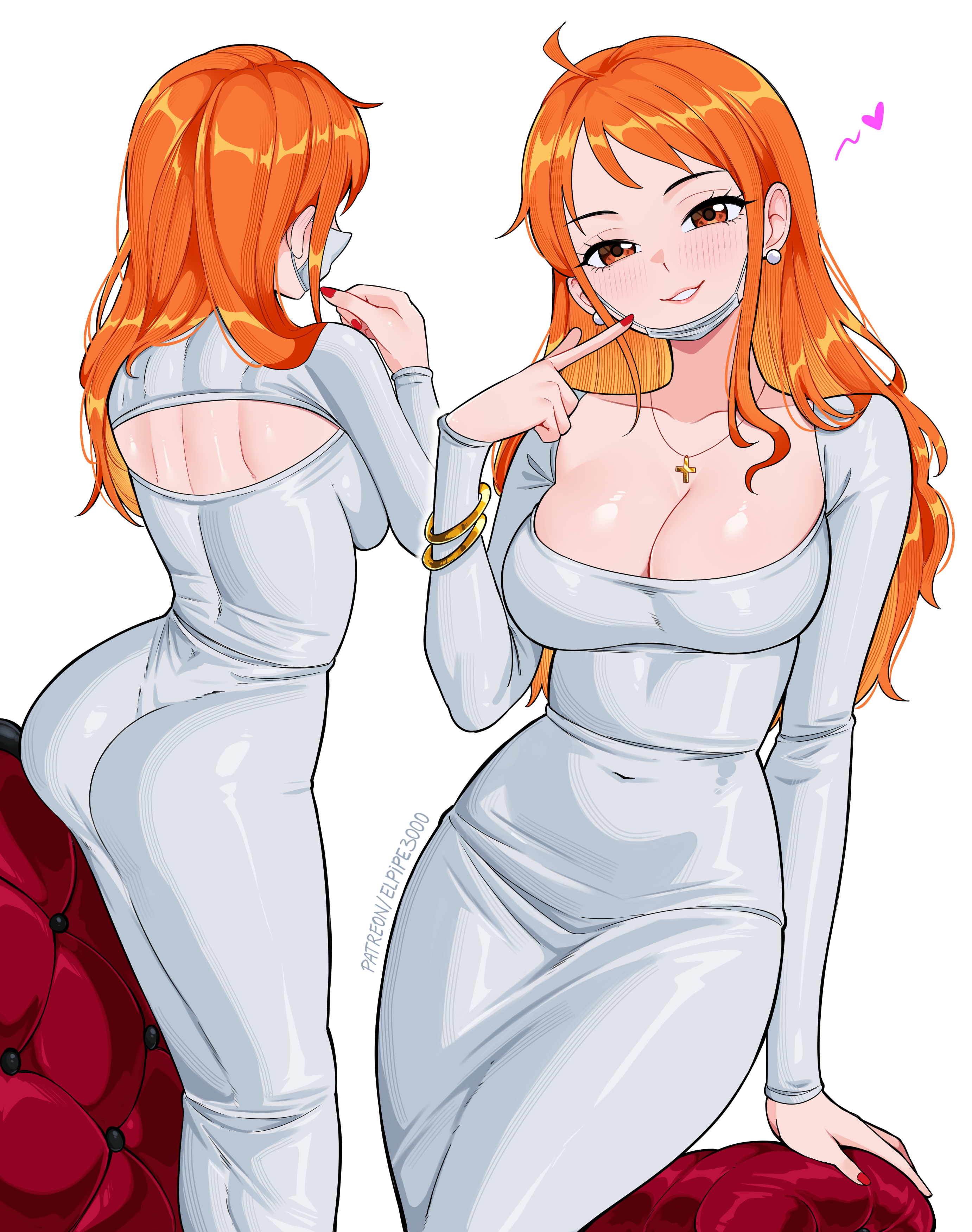 1girls, absurdres, alternate costume, arm support, ass, back cutout, bangle, blush, bracelet, breasts, brown eyes, cleavage, clothing cutout, collarbone, commentary, couch, cross, cross necklace, dongtan dress, dress, earrings, elpipe 3000, elpipe3000, english commentary, feet out of frame, female, female only, finger to cheek, grey dress, heart, highres, jewelry, large breasts, long hair, long sleeves, looking at viewer, mask, mask pull, meme attire, mouth mask, multiple views, nail polish, nami (one piece), necklace, one piece, orange eyes, orange hair, orange-haired female, parted lips, patreon username, pearl earrings, red nails, simple background, smile, tight clothes, tight dress, wavy hair, white background