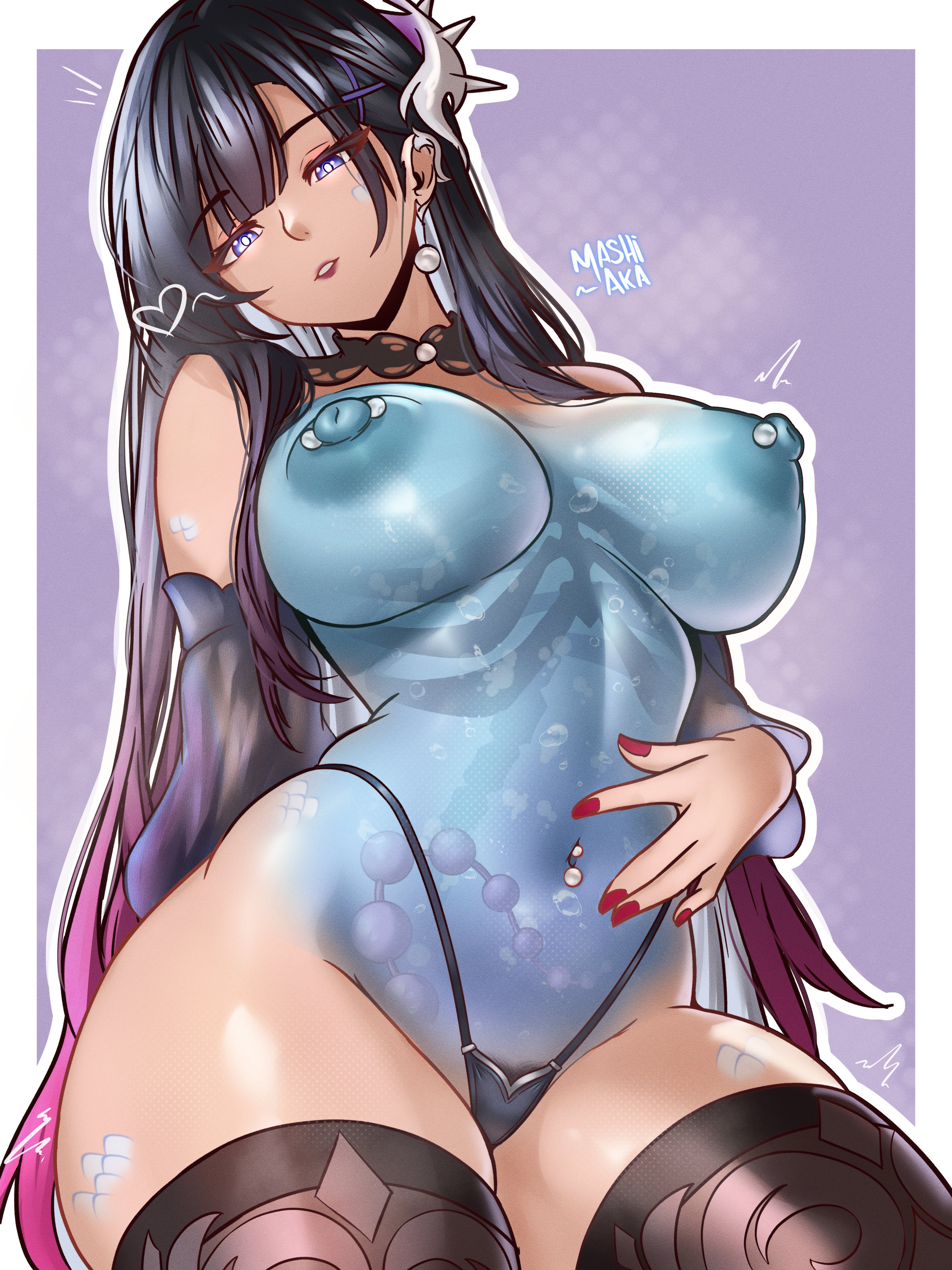 1girls, anal beads, female, gameplay mechanics, honkai (series), honkai: star rail, hoyoverse, hysilens (honkai: star rail), mashiaka, mihoyo, nipple piercing, ribcage, see-through, see-through body, thighs, topless, visible skeleton