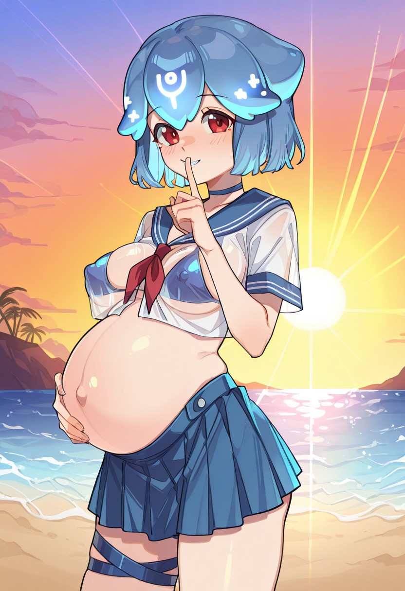 1girls, ai generated, bao (vtuber), beach, bikini, blue hair, civitai, cosplay, covered nipples, female, female focus, god rays, godrays, heavily pregnant, hylian r34, outdoors, pregnant, red eyes, short hair, shylily (cosplay), sunset, tagme, virtual youtuber, vtuber