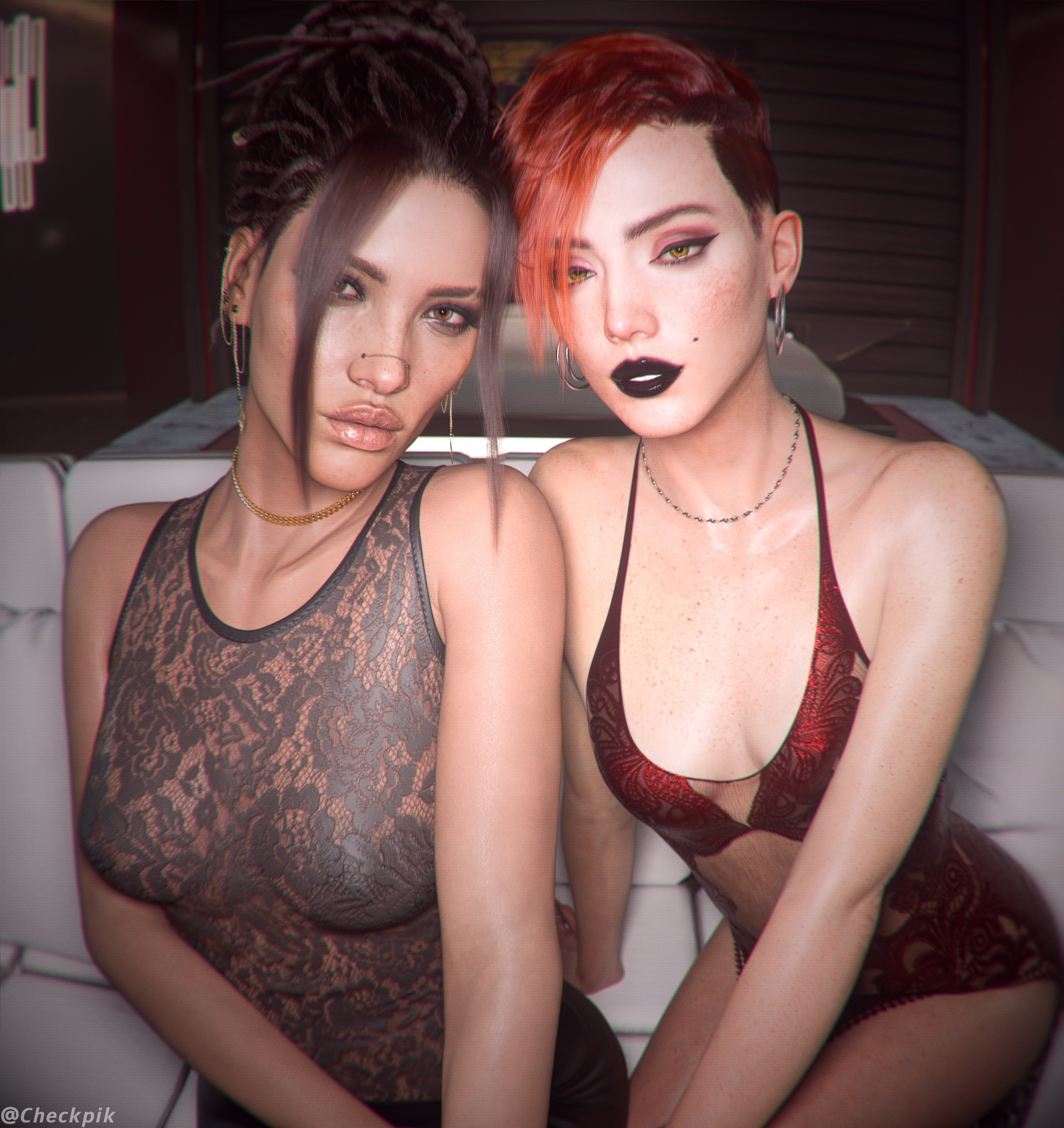 2girls, 3d, 3d (artwork), artist name, aurore cassel, black eyeliner, black eyeshadow, black lipstick, bottom heavy, braid, braided hair, breasts, bubble butt, cd projekt red, checkpik, child bearing hips, clothed female, clothing, curvaceous, curvaceous female, curvy female, curvy hips, cyberpunk 2077, dark skin, dark-skinned female, earrings, eyeliner, eyeshadow, female, female focus, female only, fit, fit female, freckles, freckles on face, hoop earrings, hourglass figure, huge areolae, huge ass, huge breasts, huge nipples, large areolae, large ass, large breasts, large nipples, light skin, light-skinned female, makeup, mole, necklace, pale skin, pale-skinned female, panam palmer, red hair, see-through, see-through clothes, see-through clothing, see-through top, sitting, thick thighs, tied hair, toned, toned body, toned female, toned stomach, top heavy, watermark, wide hips