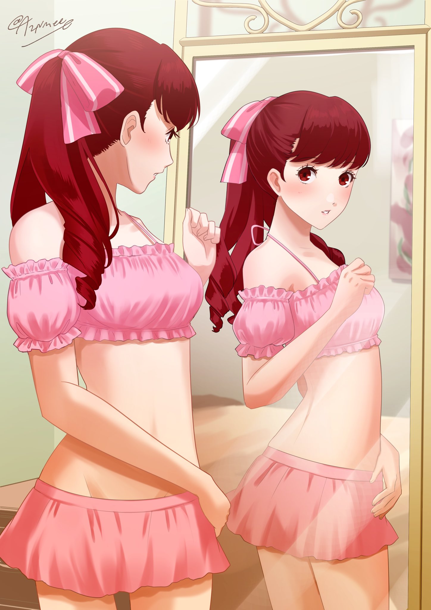 1girls, aznmeee, bikini, bikini skirt, blush, commentary request, female, female only, hair ribbon, highres, indoors, kasumi yoshizawa, long hair, looking at mirror, mirror, official alternate costume, persona, persona 5, persona 5 royal, pink bikini, pink ribbon, pink skirt, ponytail, red eyes, red hair, reflection, ribbon, signature, skirt, solo, stomach, sumire yoshizawa, sumire yoshizawa (swimsuit), swimsuit