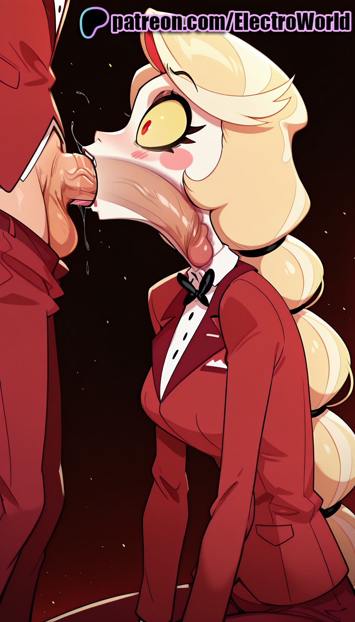 1boy, 1girls, 2025, ai generated, artist name, blowjob, blowjob face, charlie morningstar (hazbin hotel), cock, dick, electroworld, fellatio, female, hazbin hotel, head out of frame, hi res, high quality, high resolution, highres, licking, long hair, low-tied long hair, male, multiple females, multiple girls, oral, oral sex, patreon, patreon username, penis, red jacket, red pants, red shirt, stable diffusion, straight, sucking, uncensored, watermark