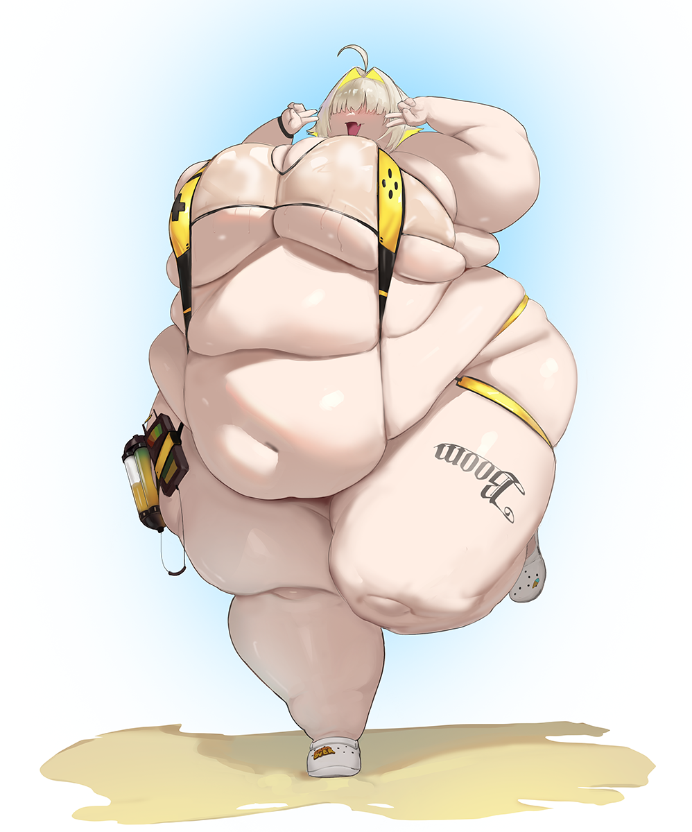 blonde hair, chunky, elegg (boom and shock) (nikke), elegg (nikke), fat female, female, goddess of victory: nikke, obese, obese female, plump, plus size, softon, ssbbw