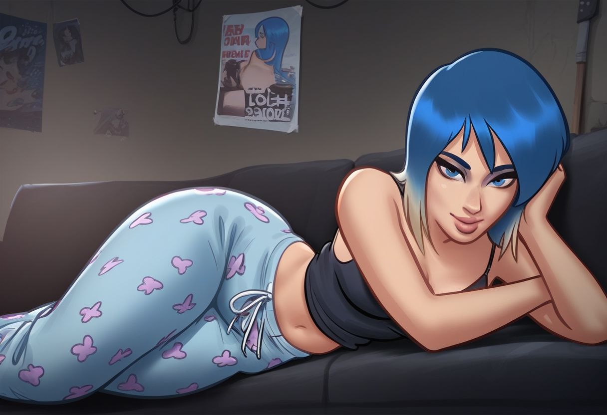 1girls, 2025, 2d, 2d (artwork), ai generated, blue eyes, blue hair, civitai, digital drawing (artwork), eve (summertime saga), female, female focus, female only, laying down, laying on side, light skin, light-skinned female, looking at viewer, on side, pants, pose, posing, pyjamas, seductive, seductive eyes, seductive look, seductive pose, seductive smile, showing off, summertime saga, tank top, teenage female, teenager, thick thighs, toberbog, two-tone hair