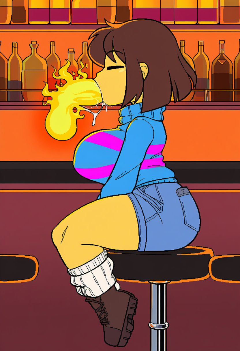 ai generated, blowjob, female frisk, frisk, frisk (undertale), grillby, sitting, undertale, voidedmelon, young