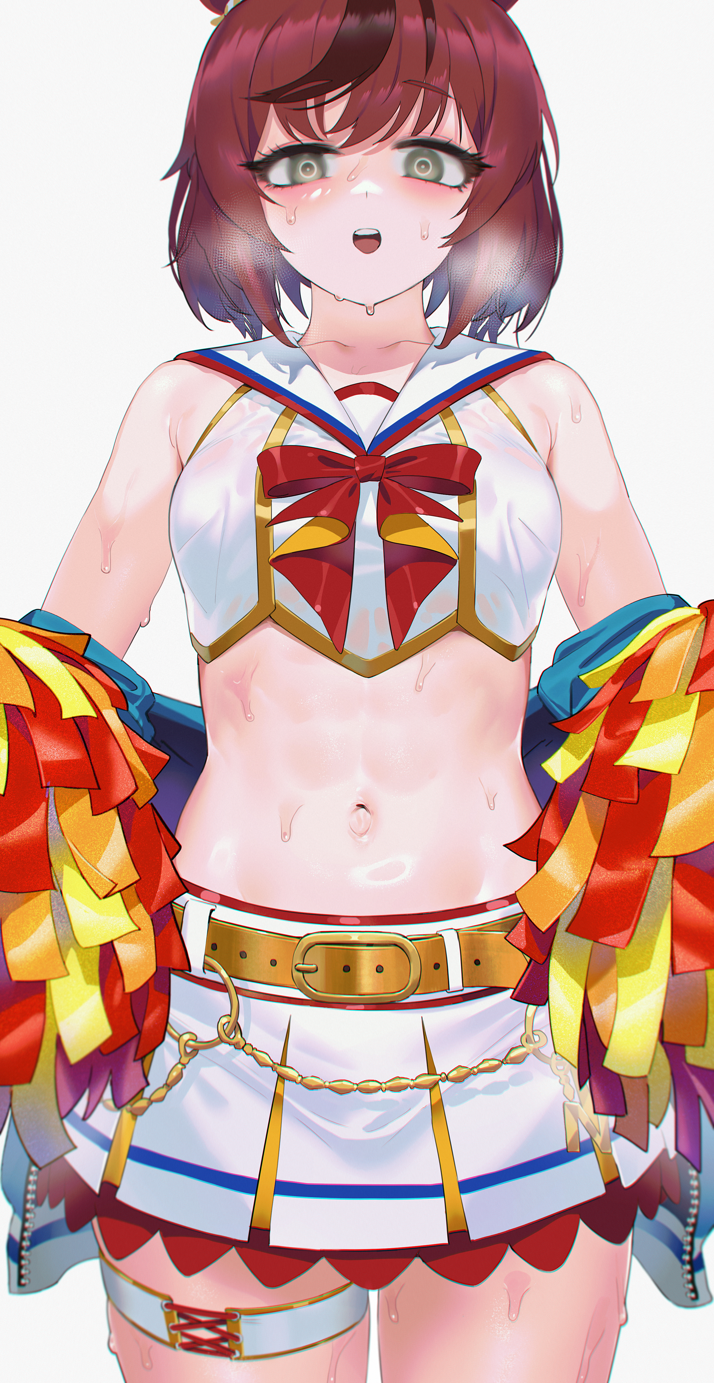abs, auburn hair, belly button, cheerleader, cheerleader uniform, female, female only, garter, green eyes, hair down, horse ears, horse girl, looking at viewer, navel, nice nature (run&win) (umamusume), nice nature (umamusume), pom poms, sailor collar, sarcophage, short hair, smile, solo, sweat, sweaty, thigh strap, toned, toned female, umamusume, umamusume pretty derby