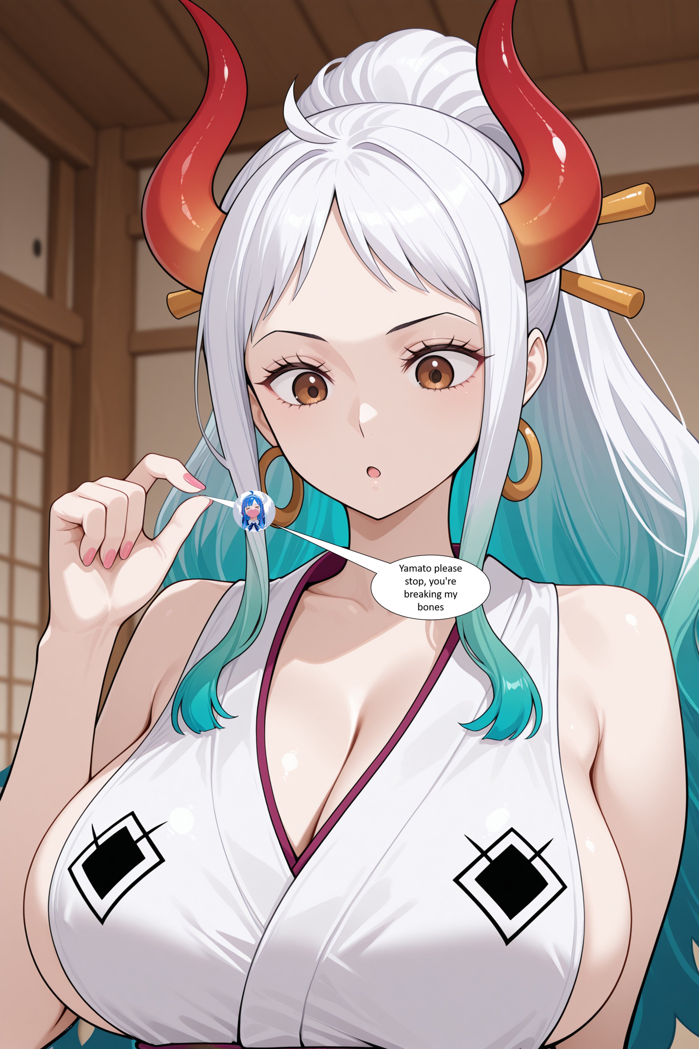 1girls, ai generated, beautiful, breasts, cleavage, female, female only, giantess, gts, gtsrak, huge breasts, one piece, sexy body, sexy pose, two-tone hair, ulti (one piece), white hair, white-haired female, yamato (one piece)