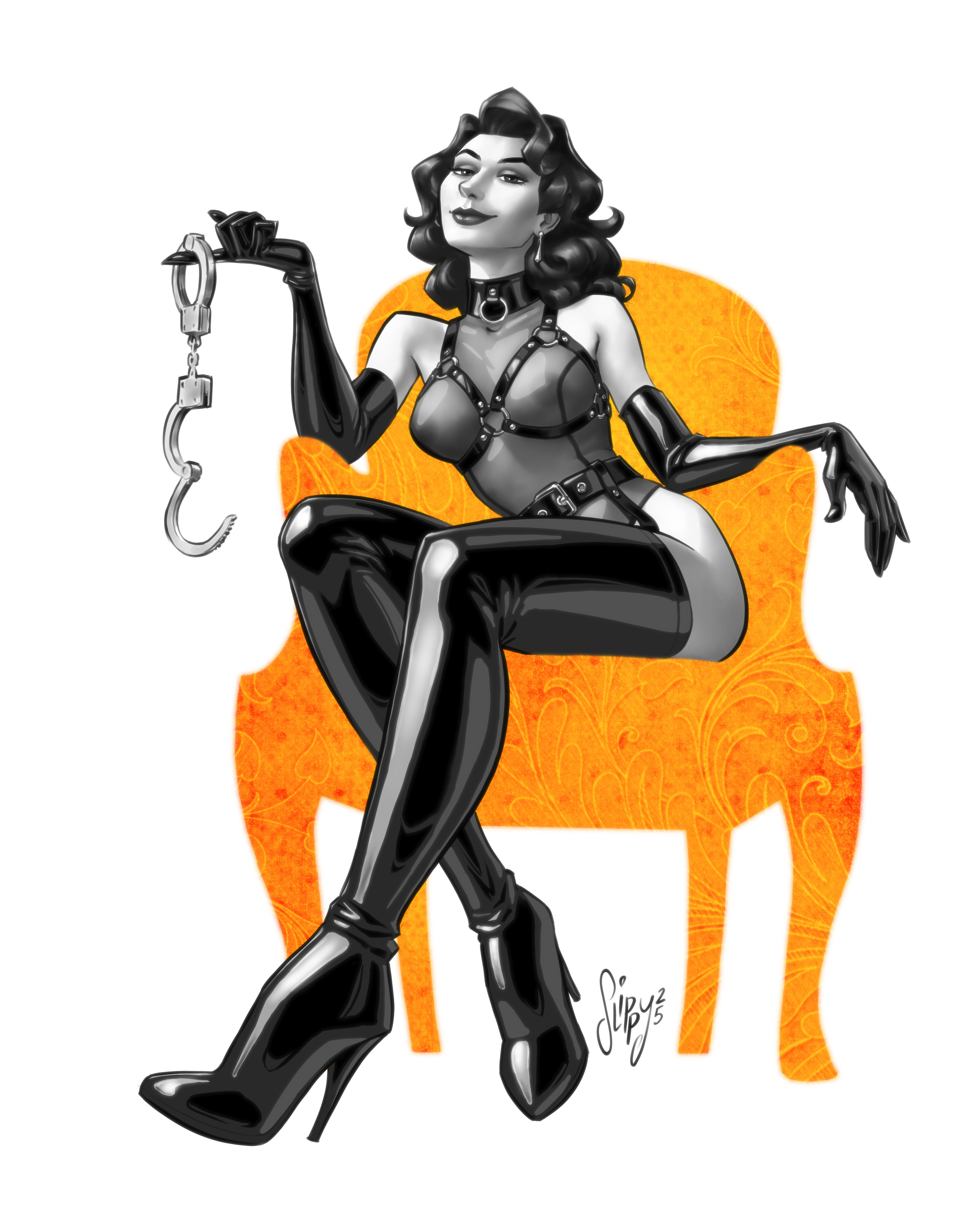 1girls, choker, collar, corset, cuffs, dominant female, dominatrix, earrings, female, harness, latex, latex gloves, latex thighhighs, looking at viewer, slippystuff