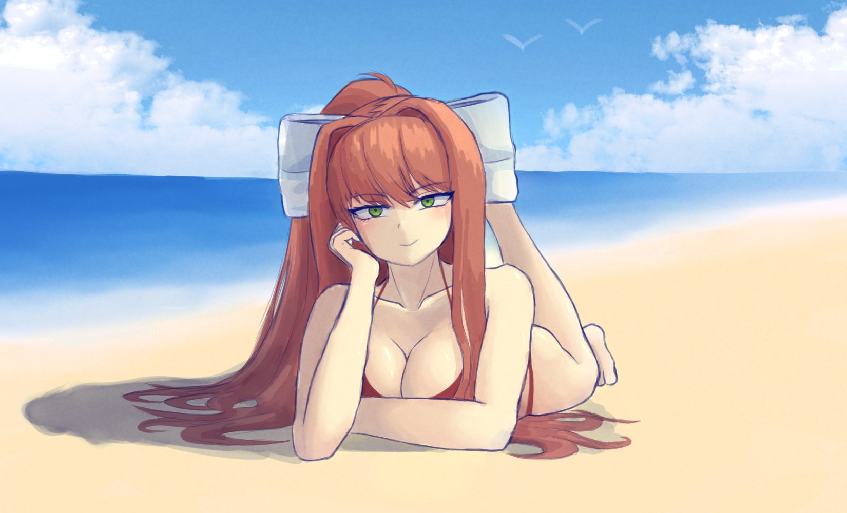 almost naked female, barefoot, beach, bedroom eyes, cleavage, clouds, collarbone, doki doki literature club, feet, female, green eyes, large breasts, laying down, laying on stomach, long hair, looking at viewer, monika (doki doki literature club), red bikini, sand, seductive look, smiling at viewer, solo female, water, white bow