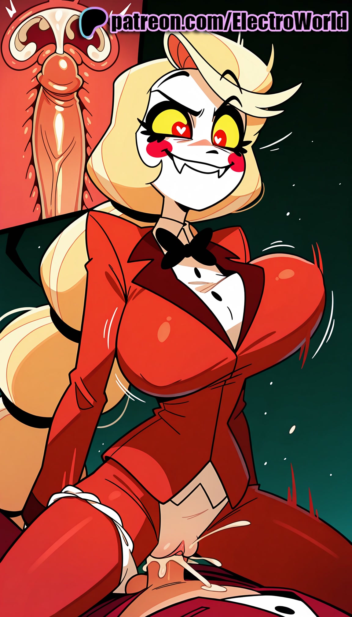 1boy, 1girls, 2025, ai generated, artist name, breasts, bust, cervix, charlie morningstar (hazbin hotel), chest, clit, clitoris, clothed sex, cock, cowgirl position, cross section, cum, cum in pussy, deep penetration, demon girl, demon horns, demon tail, dick, ejaculation, electroworld, exposed clitoris, female, female on top, female orgasm, fucking, hazbin hotel, hi res, high quality, high resolution, highres, horns, intercourse, internal cumshot, long hair, love making, male, overflow, panties, patreon, patreon username, penetration, penis, pussy, red legwear, riding, sex, sexual intercourse, skirt, solo focus, stable diffusion, straddling, straight, thighhighs, trembling, uncensored, underwear, uterus, vaginal penetration, watermark, x-ray