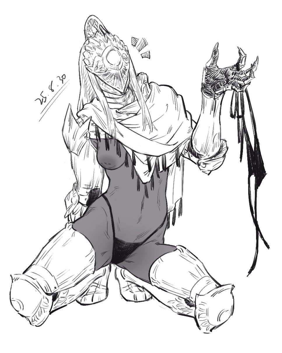 ahab1793, armor, bandai namco, breasts, dark skin, dark-skinned female, elden ring, elden ring nightreign, executor (nightreign), female, fromsoftware, genderswap (mtf), greyscale, one breast out, panties, rule 63, solo, solo female, stripping