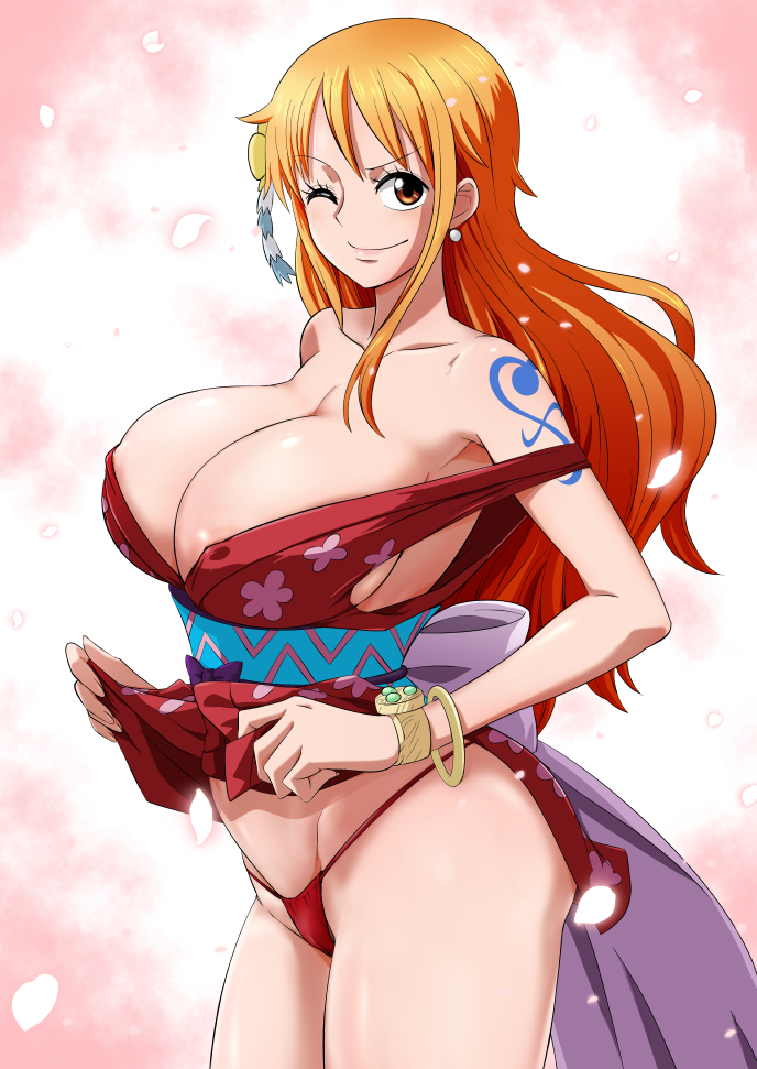 1girls, alternate color, areola slip, arm tattoo, bangle, bare shoulders, bikini, blue tattoo, bracelet, breasts, brown eyes, cleavage, clothes lift, collarbone, cowboy shot, curvy, earrings, female, female focus, female only, floral print, floral print kimono, hair ornament, huge breasts, human, human female, japanese clothes, jewelry, kimono, large breasts, log pose, long hair, looking at viewer, minpei ichigo, nami (one piece), nami (one piece) (wano), obi, off shoulder, onami, one eye closed, one piece, orange eyes, orange hair, orange-haired female, panties, petals, post-timeskip, print kimono, red bikini, red kimono, red panties, sash, shiny skin, short kimono, sleeveless, sleeveless kimono, smile, solo, string panties, swimsuit, tattoo, thong, underwear, wano country, wide hips, wink