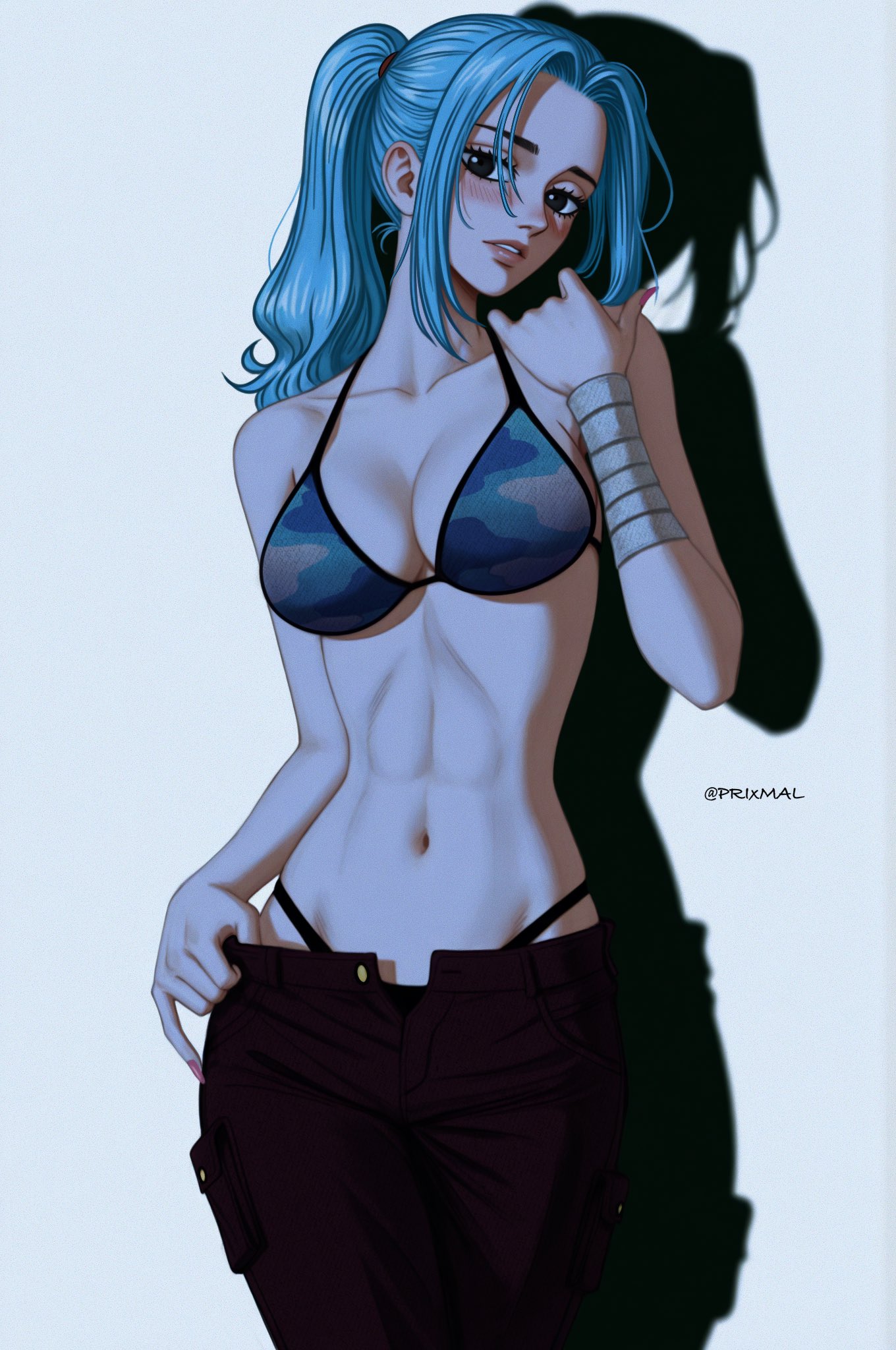 1girls, abs, athletic female, bikini, blue hair, blue-haired female, blush, bra, breasts, brown eyes, cleavage, female, female only, fit female, large breasts, long hair, looking at viewer, nami (one piece) (cosplay), nefertari vivi, one piece, ponytail, prixmal, skypiea, thong, unbuttoned pants, underwear