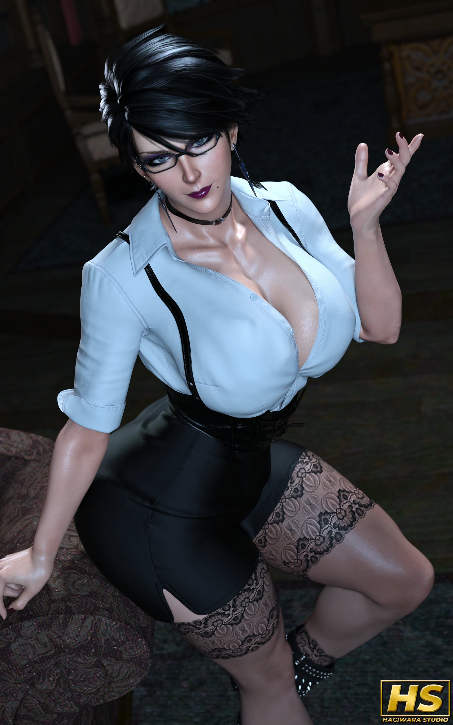 1girls, 3d, ass, bayonetta, bayonetta (character), bayonetta 2, beauty mark, big ass, big breasts, black hair, breasts, bursting breasts, cleavage, earrings, female, female only, glasses, hagiwara studio, makeup, overflowing breasts, skimpy, skimpy clothes, solo, thick thighs