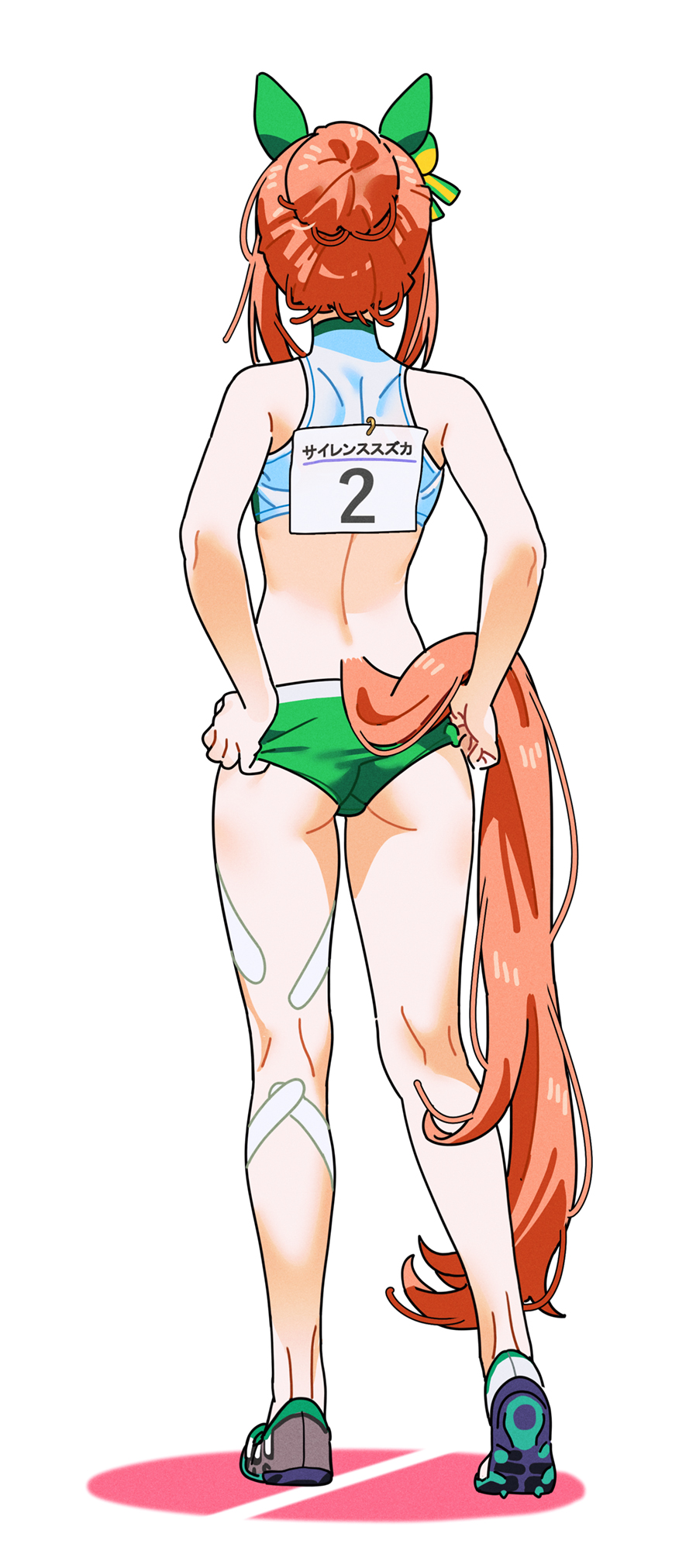 adjusting clothes, ass, buruma, female, female only, full body, gym clothes, gym uniform, hair bun, horse ears, horse girl, horse tail, name tag, orange hair, rear view, sarcophage, silence suzuka (umamusume), sneakers, solo, sportswear, standing, track and field, umamusume, umamusume pretty derby