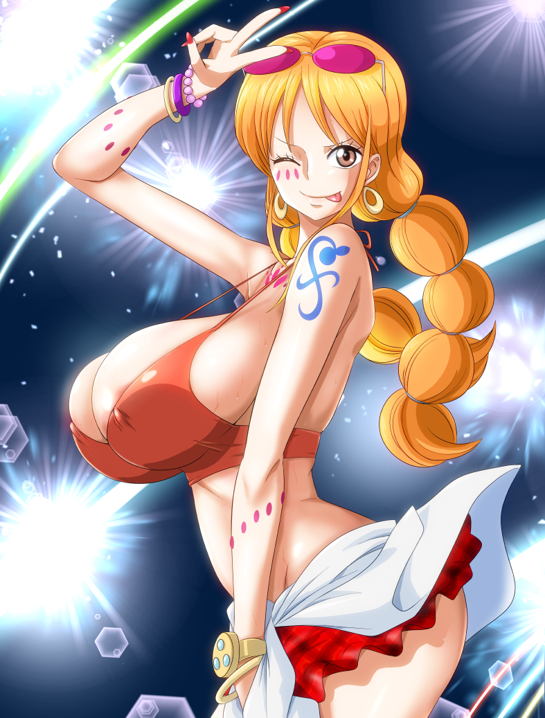 1girls, areola slip, arm tattoo, ass, blue tattoo, braid, braided ponytail, breasts, covered erect nipples, curvy, female, female only, large breasts, minpei ichigo, nami (one piece), one eye closed, one piece, one piece film: red, orange hair, orange-haired female, shoulder tattoo, solo, tattoo, tongue, tongue out, v, wink