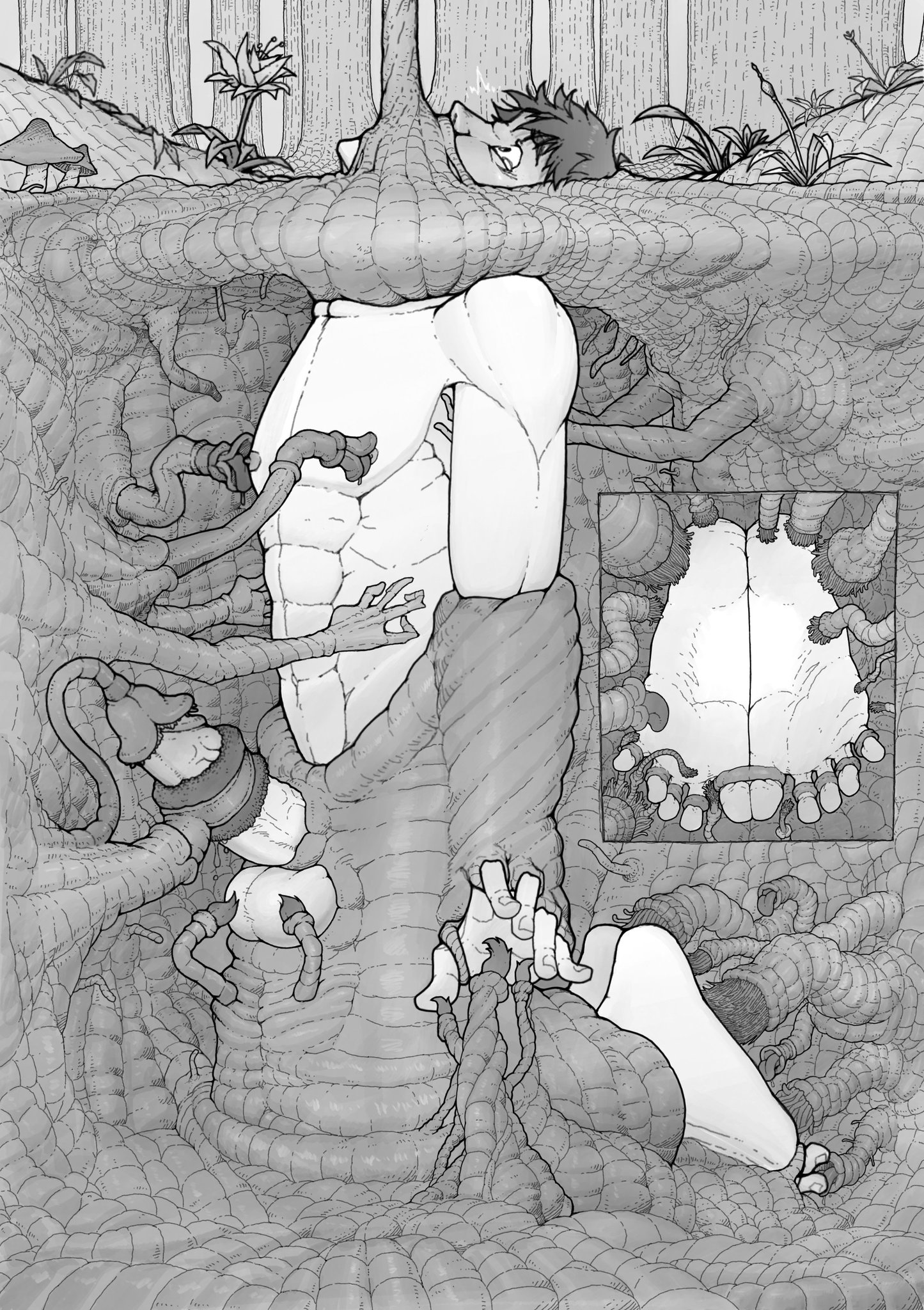 1boy, abs, arcticbei, balls, forest, gagged, gagged male, gay, helpless, helpless male, human, licking, licking feet, licking nipples, licking penis, licking toes, male, male feet, male only, male tickling, monochrome, mushroom, nude, nude male, on knees, penis, plant, plants, restrained, solo human, solo male, story at source, tearing up, tickle torture, tickling, tickling armpits, tickling feet, tickling genitalia, tickling hands, tickling heel, tickling sides, tickling toes, toes, toes spread, toes tied, underground, veiny penis