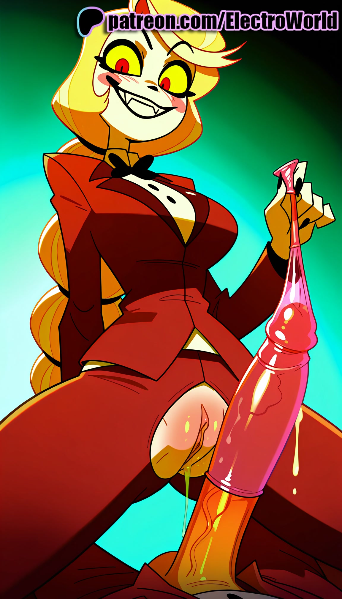1girls, 2025, ai generated, artist name, charlie morningstar (hazbin hotel), clitoral hood, clitoris, cock, dick, electroworld, exposed pussy, female, grin, hazbin hotel, hi res, high quality, high resolution, highres, juicy pussy, large penis, long hair, male, patreon, patreon username, penis, pussy, sex toy, sharp teeth, smile, solo, stable diffusion, teeth, tight pussy, uncensored, vagina, watermark
