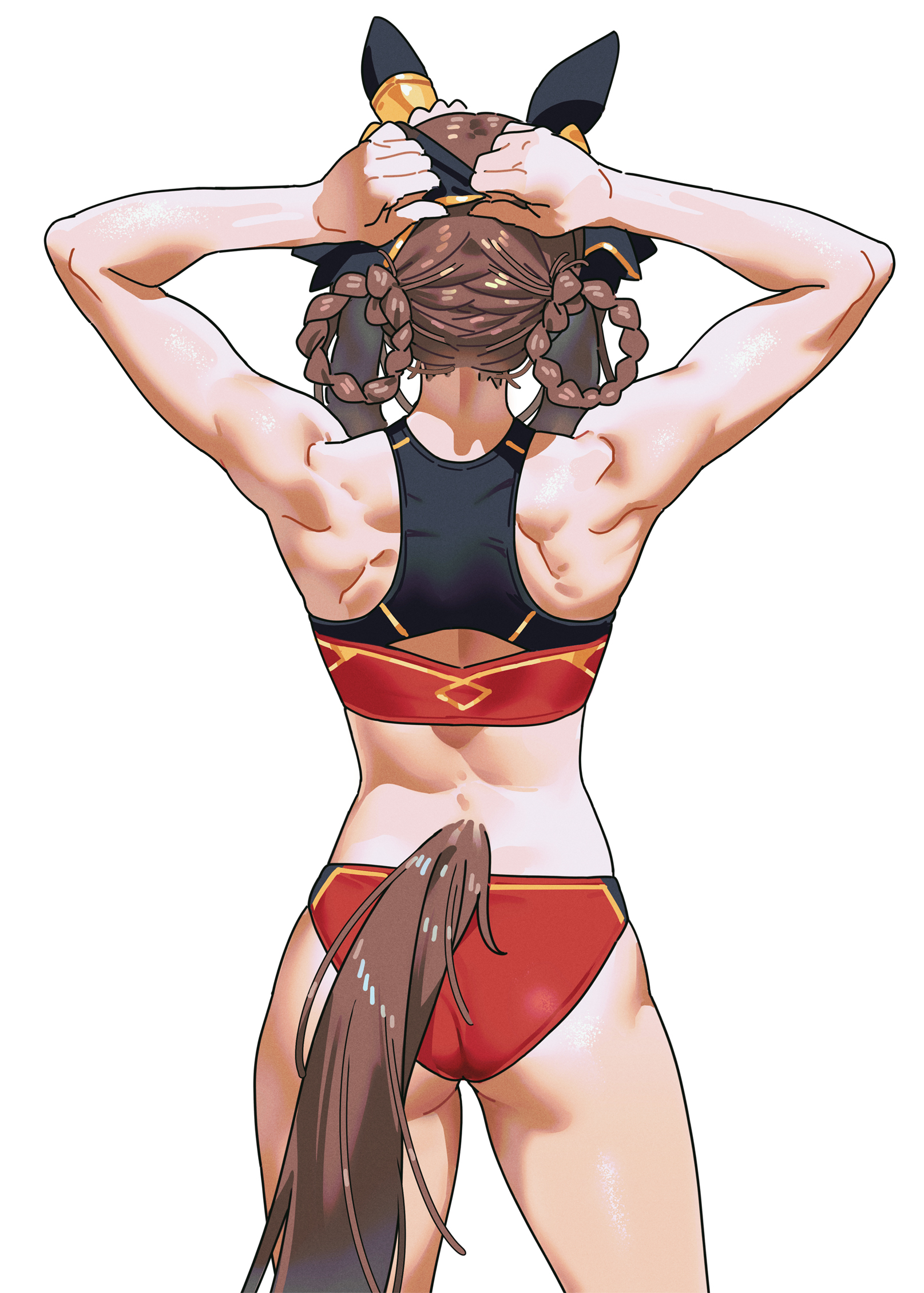 ass, back muscles, braided hair, braids, buruma, crop top, female, female only, gentildonna (umamusume), gym clothes, gym uniform, hair ornament, hair ribbon, horse ears, horse girl, horse tail, muscles, rear view, sarcophage, solo, sports bra, sportswear, toned, toned female, umamusume, umamusume pretty derby, wide hips