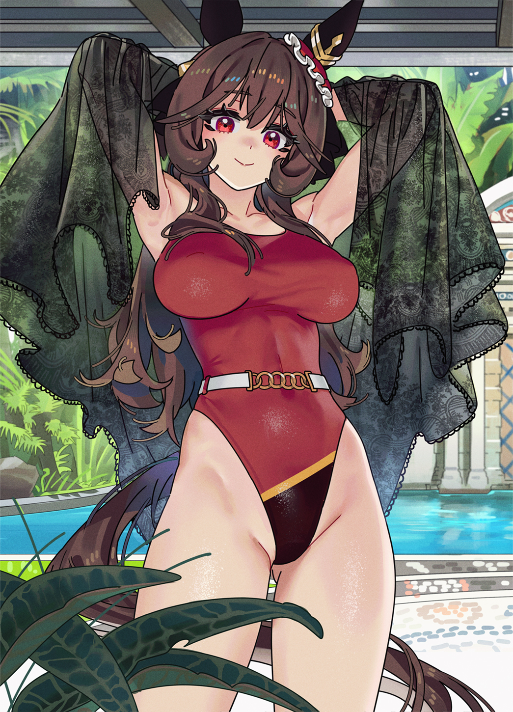 armpits, arms up, big breasts, breasts, brown hair, detailed background, female, female only, gentildonna (umamusume), hair down, hair ornament, highleg, horse ears, horse girl, horse tail, looking at viewer, one-piece swimsuit, red eyes, red swimsuit, sarcophage, smile, solo, swimsuit, thick thighs, umamusume, umamusume pretty derby