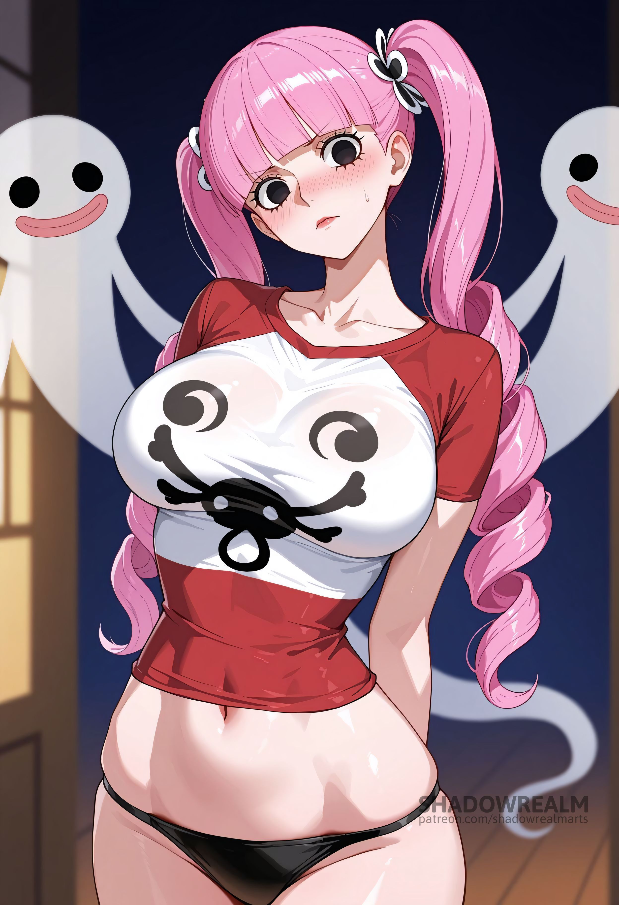 1girls, ai generated, arms behind back, black eyes, black panties, blunt bangs, blush, breasts, closed mouth, collarbone, cosplay, covered navel, cowboy shot, crop top, cropped shirt, drill hair, eyelashes, female, female only, ghost, hair ornament, head tilt, indoors, large breasts, long hair, looking at viewer, midriff, navel, no pants, one piece, panties, perona, pink hair, pink-haired female, raglan sleeves, red shirt, shadowrealmarts, shirt, short sleeves, solo, stomach, sweatdrop, t-shirt, taut clothes, taut shirt, thighs, tight shirt, twin drills, twintails, two-tone shirt, uncensored, underwear, web address