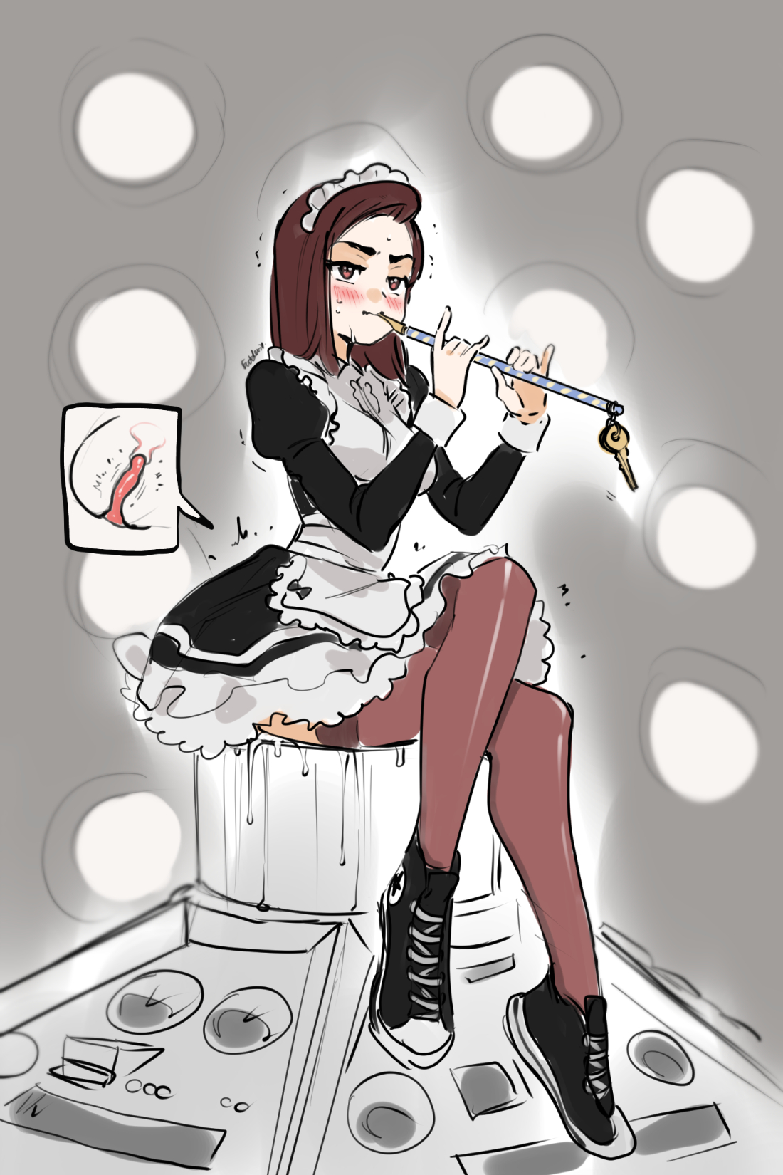 1girls, 2d, ass, buttplug, buttplug in ass, buttplug under clothes, clara oswald, companion (doctor who), converse, cumming, cumming while penetrating, dildo sitting, doctor who, eudetenis, female, female only, flute, horny female, internal view, key, maid, maid apron, maid dress, maid headdress, maid outfit, maid uniform, messy cum, sitting on dildo, solo, solo female, stockings, stockings thigh highs, tardis interior, thighhighs, uniform, x-ray, xray view