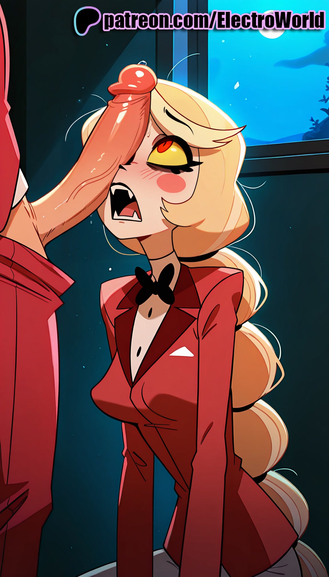 1boy, 1girls, 2025, ai generated, artist name, charlie morningstar (hazbin hotel), cock, dick, electroworld, english text, erection, female, hazbin hotel, hi res, high quality, high resolution, highres, long hair, looking at penis, low-tied long hair, male, open mouth, patreon, patreon username, penis, penis awe, penis on face, red shirt, solo focus, stable diffusion, straight, uncensored, watermark