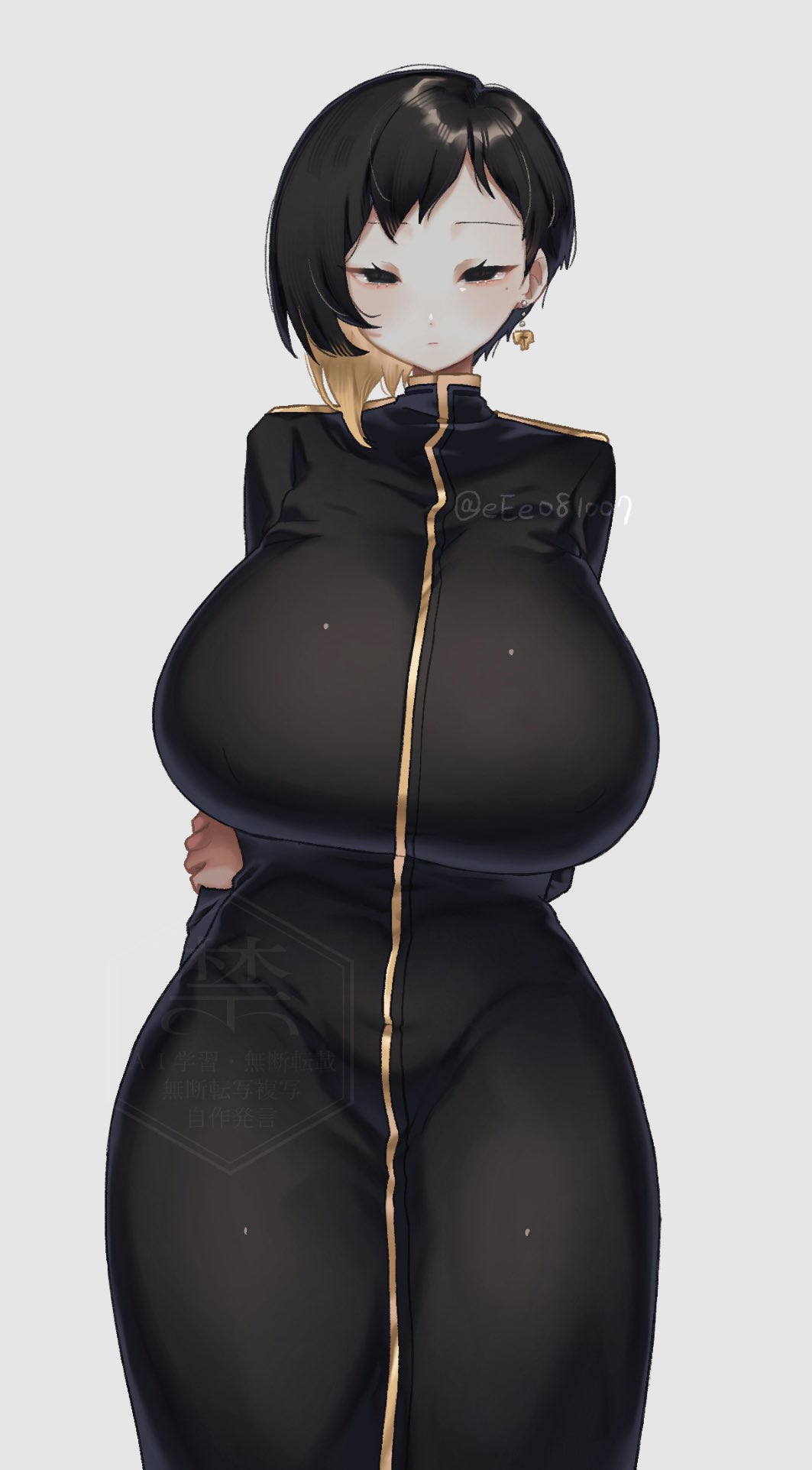 1 girls, big breasts, big thighs, binah, black eyes, black hair, breasts, clothed, clothing, ee extension 02, emotionless, emotionless female, female, female only, hi res, huge breasts, library of ruina, lobotomy corporation, looking at viewer, multicolored hair, project moon, short hair, simple background, solo, thick thighs, thighs, white background, yellow hair