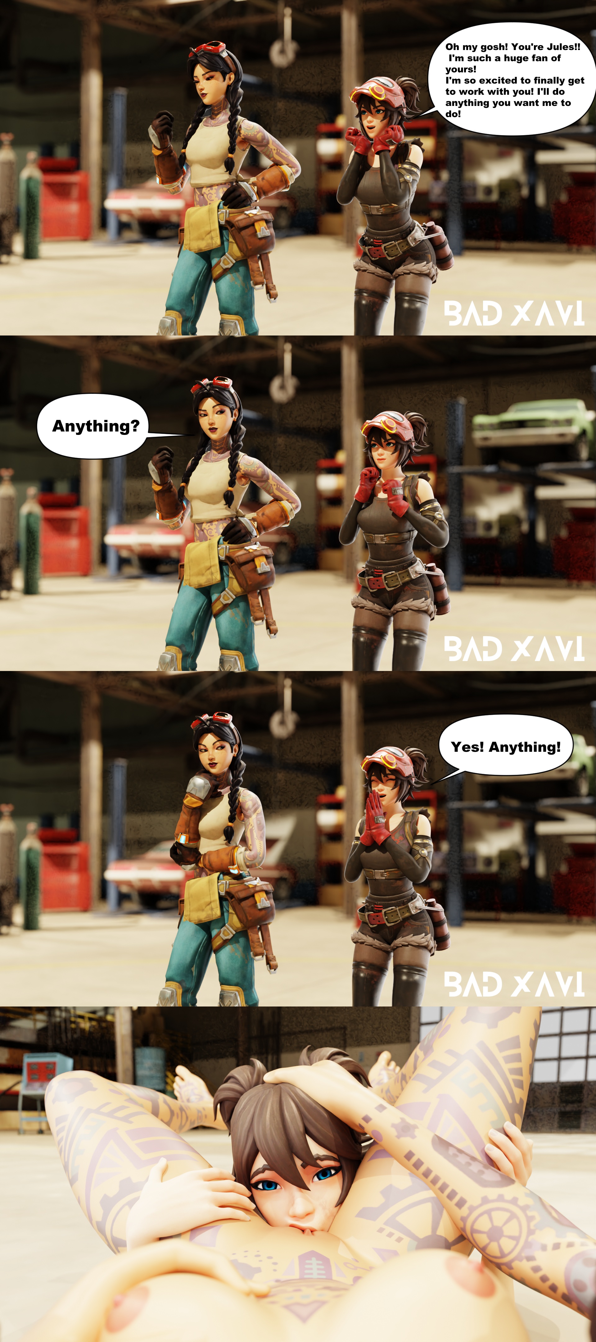 2girls, 3d, bad xavi, blender, comic, completely nude, completely nude female, cunnilingus, duo, female, female only, fortnite, jules (fortnite), oral, pov, submissive, submissive female, tattoos everywhere, the machinist (fortnite), yuri