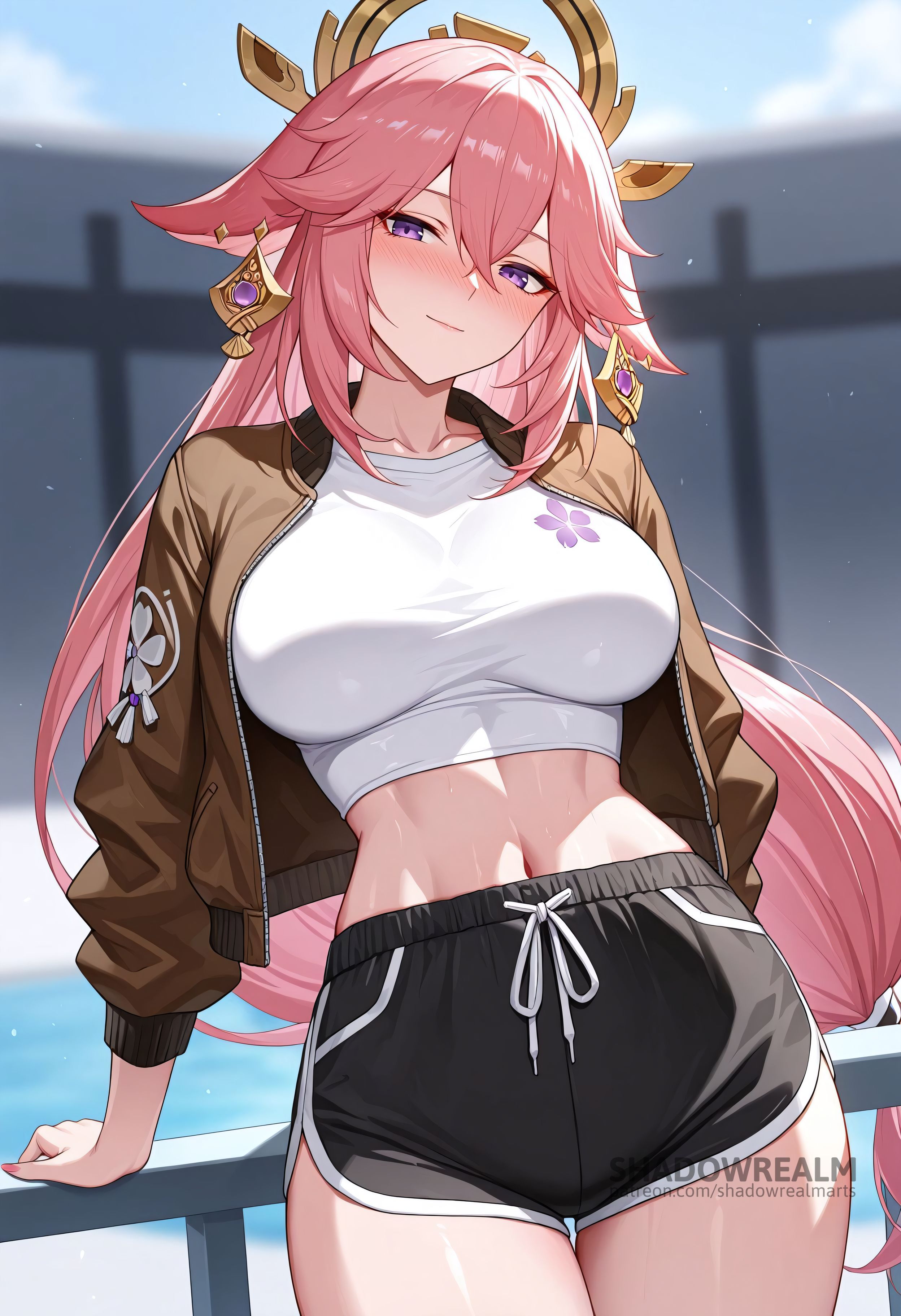ai generated, alternate costume, animal ears, black shorts, blurry background, blush, breasts, brown jacket, closed mouth, cowboy shot, crop top, dolphin shorts, earrings, female, floppy ears, fox ears, genshin impact, hair between eyes, hair ornament, jacket, jewelry, large breasts, long hair, long sleeves, looking at viewer, midriff, navel, open clothes, open jacket, outdoors, pink hair, purple eyes, shadowrealmarts, shirt, short shorts, shorts, smile, solo, stomach, thigh gap, thighs, uncensored, very long hair, white shirt, yae miko