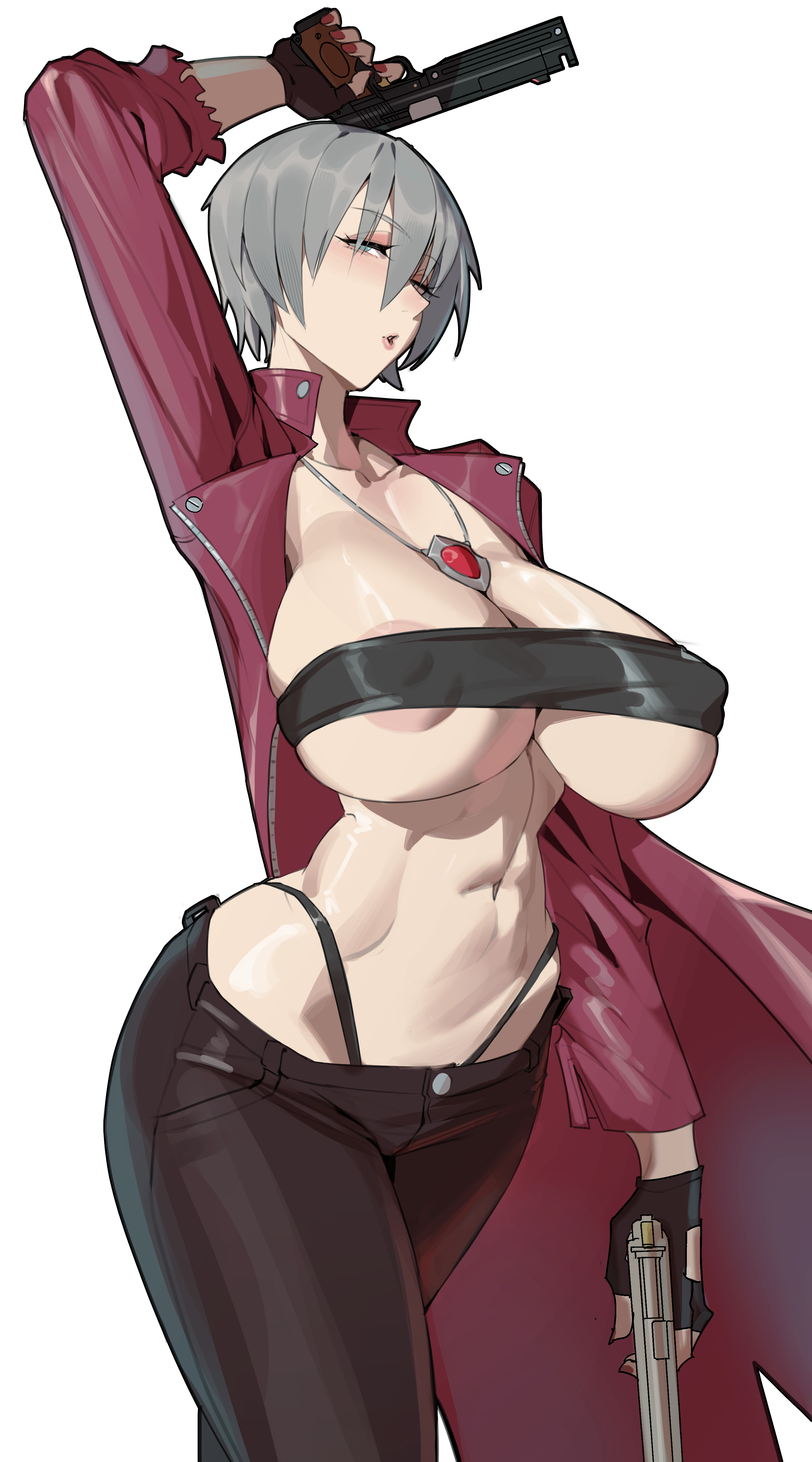 areola slip, breasts, cloudy rain4, dante (devil may cry), devil may cry, devil may cry (series), female, fit female, huge breasts, rule 63, weapon