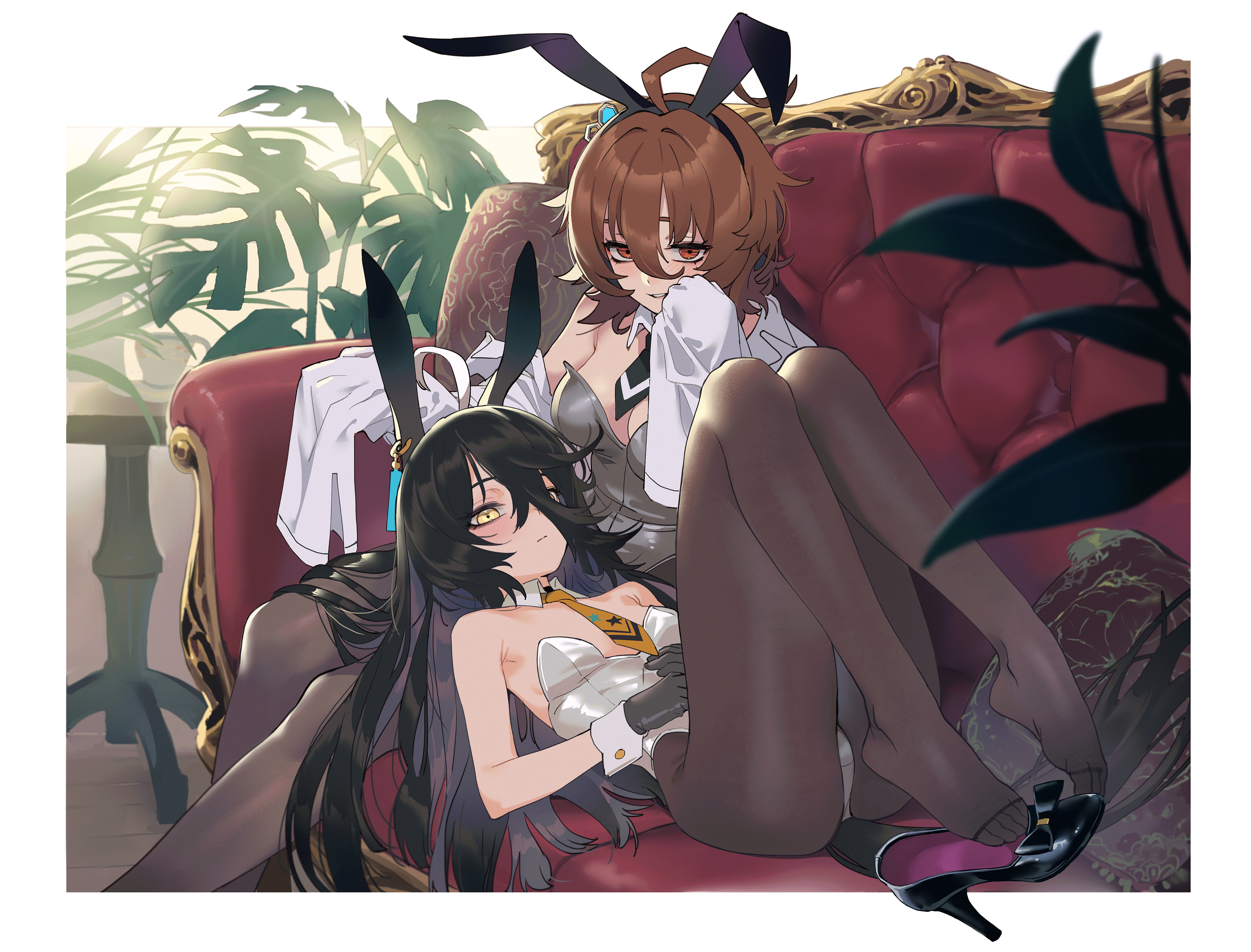 2girls, agnes tachyon (umamusume), ahoge, black hair, blush, breasts, brown hair, bunny ears, bunnysuit, detailed background, expressionless, feet, female, female only, gloves, hair between eyes, high heels, labcoat, long hair, looking at viewer, manhattan cafe (umamusume), medium breasts, medium hair, necktie, on back, pantyhose, playboy bunny, red eyes, sarcophage, sitting, sleeves past wrists, smile, sofa, umamusume, umamusume pretty derby, wrist cuffs, yellow eyes