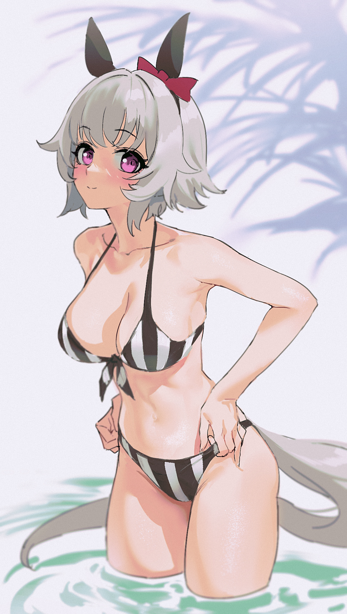 big breasts, bikini, breasts, cleavage, curren chan (umamusume), female, female only, hair ribbon, horse ears, horse girl, horse tail, looking at viewer, partially submerged, purple eyes, sarcophage, short hair, smile, solo, standing, striped bikini, swimsuit, umamusume, umamusume pretty derby, white hair