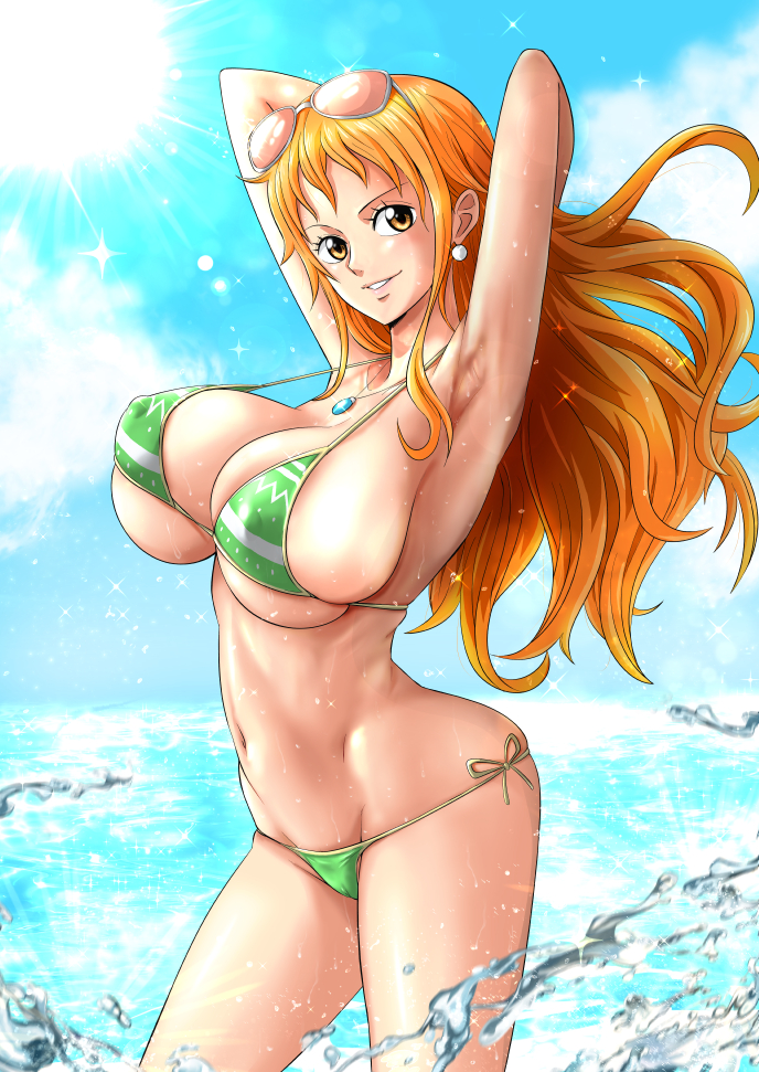 1girls, adapted costume, armpits, arms behind head, ass, bare shoulders, bikini, bouncing breasts, breasts, cleavage, cleft of venus, collarbone, covered erect nipples, curvy, earrings, female, female focus, female only, green bikini, huge breasts, jewelry, large breasts, long hair, looking at viewer, lowleg, lowleg bikini, micro bikini, midriff, minpei ichigo, nami (one piece), nami (one piece) (return to sabaody), navel, necklace, one piece, orange eyes, orange hair, orange-haired female, outdoors, parted lips, shiny skin, side-tie bikini bottom, skindentation, smile, solo, stomach, striped bikini, striped clothes, sunglasses, sunglasses on head, swimsuit, thong, thong bikini, underboob, wide hips