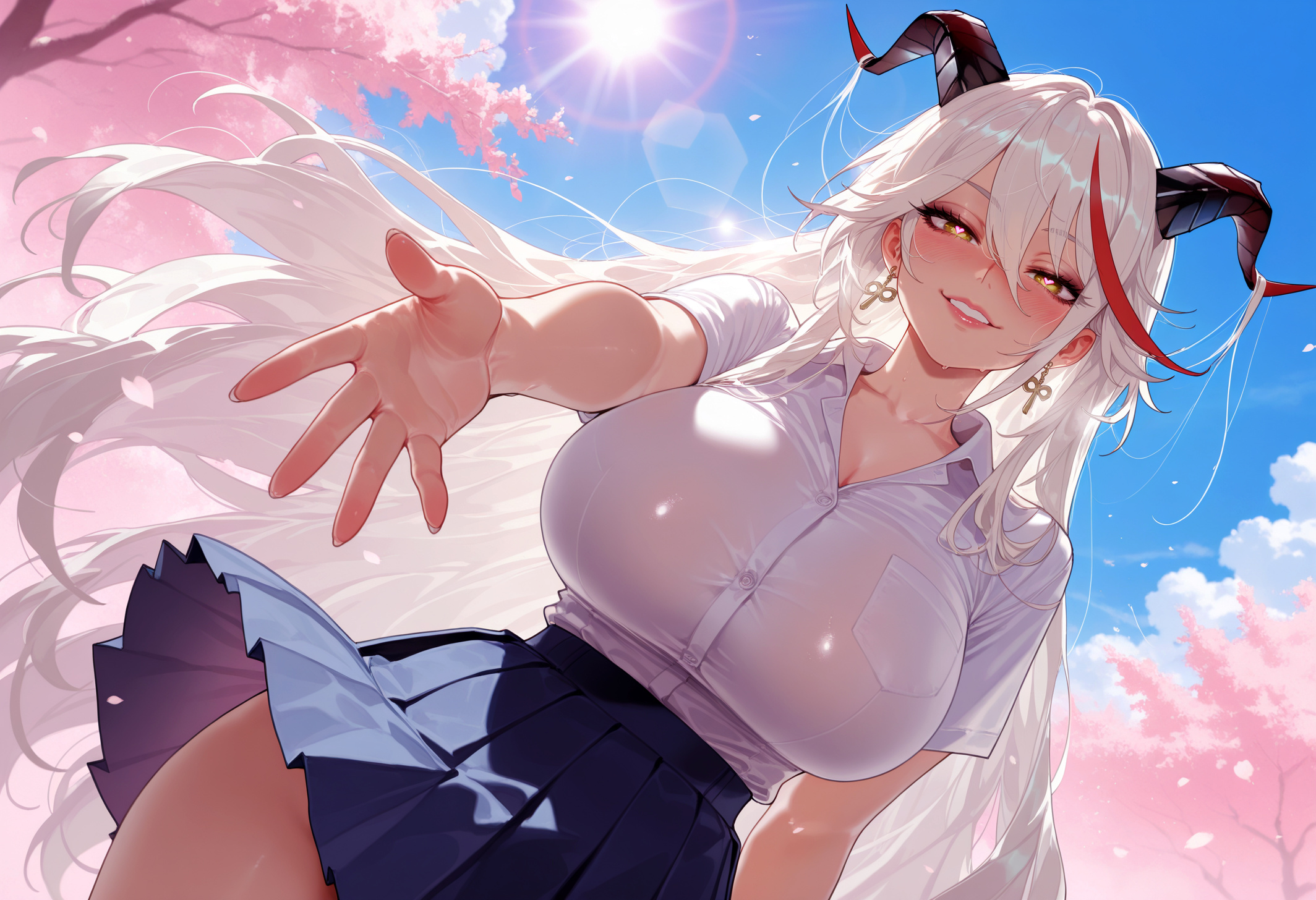 1girls, aegir (azur lane), ai generated, alternate costume, azur lane, balecxi, bangs, black horns, blue skirt, blue sky, blush, bra visible through clothes, breast pocket, breasts, buttons, cherry blossoms, cleavage, clothing, cloud, collarbone, collared shirt, cross, cross earrings, curvaceous, curvaceous female, curvaceous figure, curvy, curvy figure, day, demon girl, demon horns, dress shirt, earrings, falling petals, female, female focus, female only, from below, grin, hair between eyes, hair on horn, half-closed eyes, high-waist skirt, horns, huge breasts, jewelry, large breasts, lips, long hair, looking at viewer, miniskirt, multicolored hair, outdoors, outstretched arm, outstretched hand, parted lips, partially unbuttoned, petals, pleated skirt, pocket, reaching, reaching towards viewer, red hair, school uniform, seductive smile, shirt, shirt tucked in, short sleeves, sidelocks, skirt, skirt lift, sky, smile, solo, spring (season), streaked hair, sun, sunlight, taut clothes, taut shirt, teeth, tented shirt, thighs, tree, two-tone hair, uniform, very long hair, voluptuous, voluptuous female, white hair, white shirt, wind lift, yellow eyes