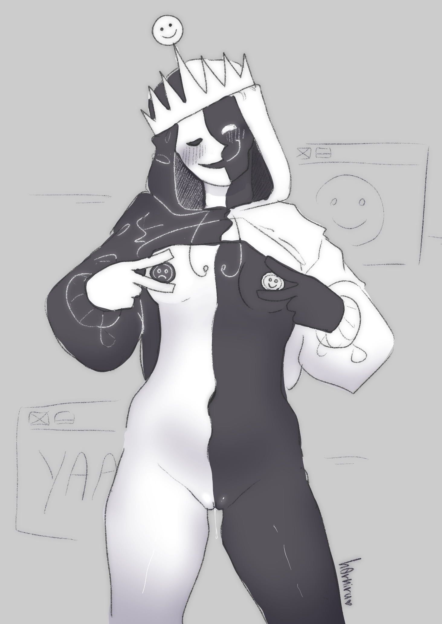 artist name, breasts, female, forsaken (roblox), h0rniru, hoodie, monochrome, nipple stickers, noli, noli (forsaken), roblox, roblox game, roblox myth, robloxian, self upload, small breasts, smiley face, smiling at viewer, tagme, touching breast, yaai noli, you are an idiot!