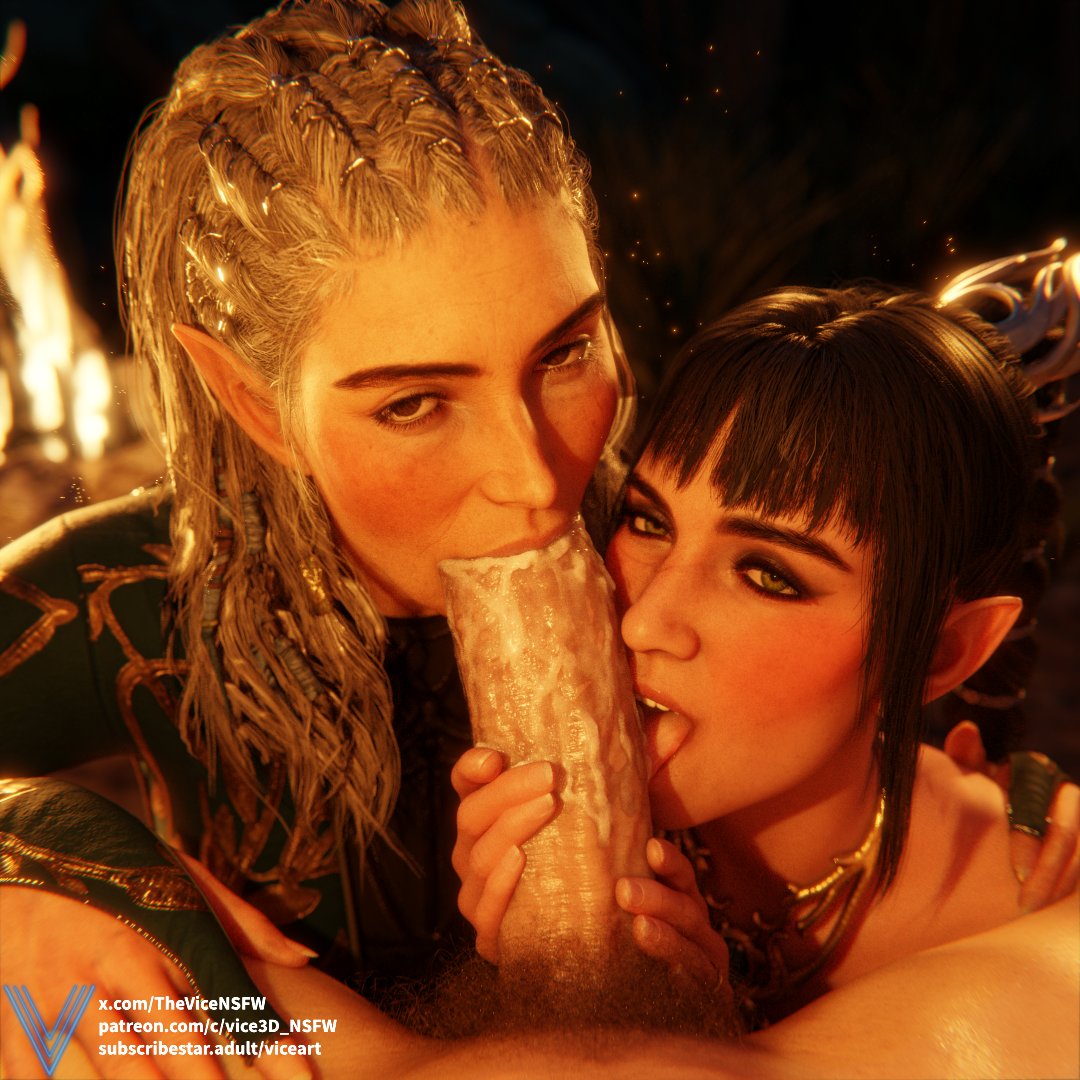 1boy, 2girls, 3d, 3d render, baldur's gate, baldur's gate 3, bangs, bisexual, bisexual female, black hair, blush, braid, cock worship, collaborative fellatio, cum, cum in mouth, dungeons and dragons, elf, fellatio, female, ffm threesome, green eyes, halsin, huge cock, jaheira, light-skinned female, light-skinned male, male, male pov, multiple girls, oral, penis, pointy ears, scar, shadowheart, sucking penis, teamwork (sexual), the vice art, thevicensfw, threesome, tongue out, white hair, wizards of the coast