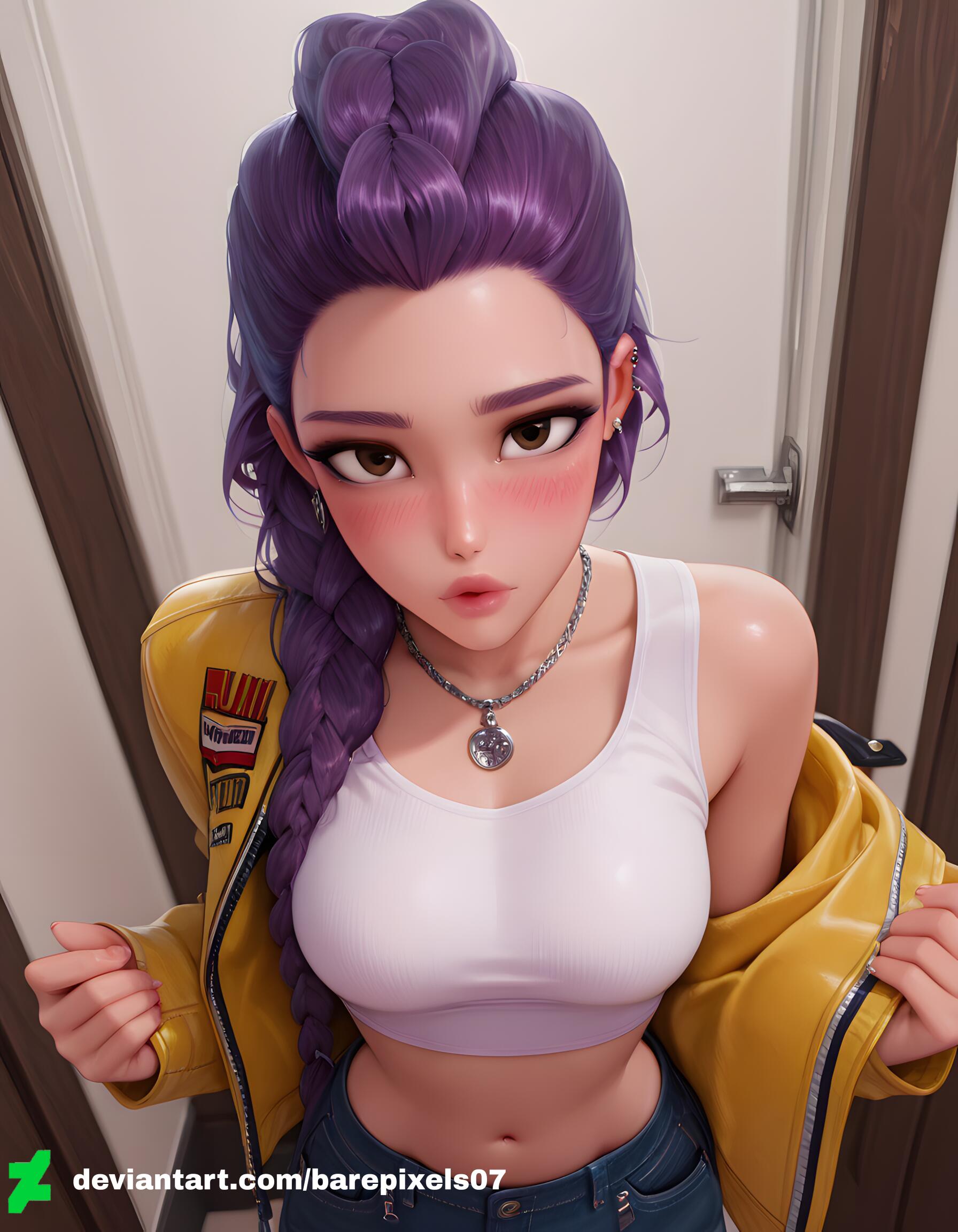1girls, ai generated, ass, barepixels07, belly button, blush, braid, braided hair, braided ponytail, breasts, brown eyes, clothed, clothed female, clothing, cowboy shot, female, female only, happy, human, human female, indoors, jacket, jeans, kpop demon hunters, light skin, light-skinned female, long hair, looking at viewer, medium breasts, midriff, navel, necklace, netflix, perfect body, ponytail, public, purple hair, rumi (kpop demon hunters), single braid, solo, solo female, standing, thighs, undressing