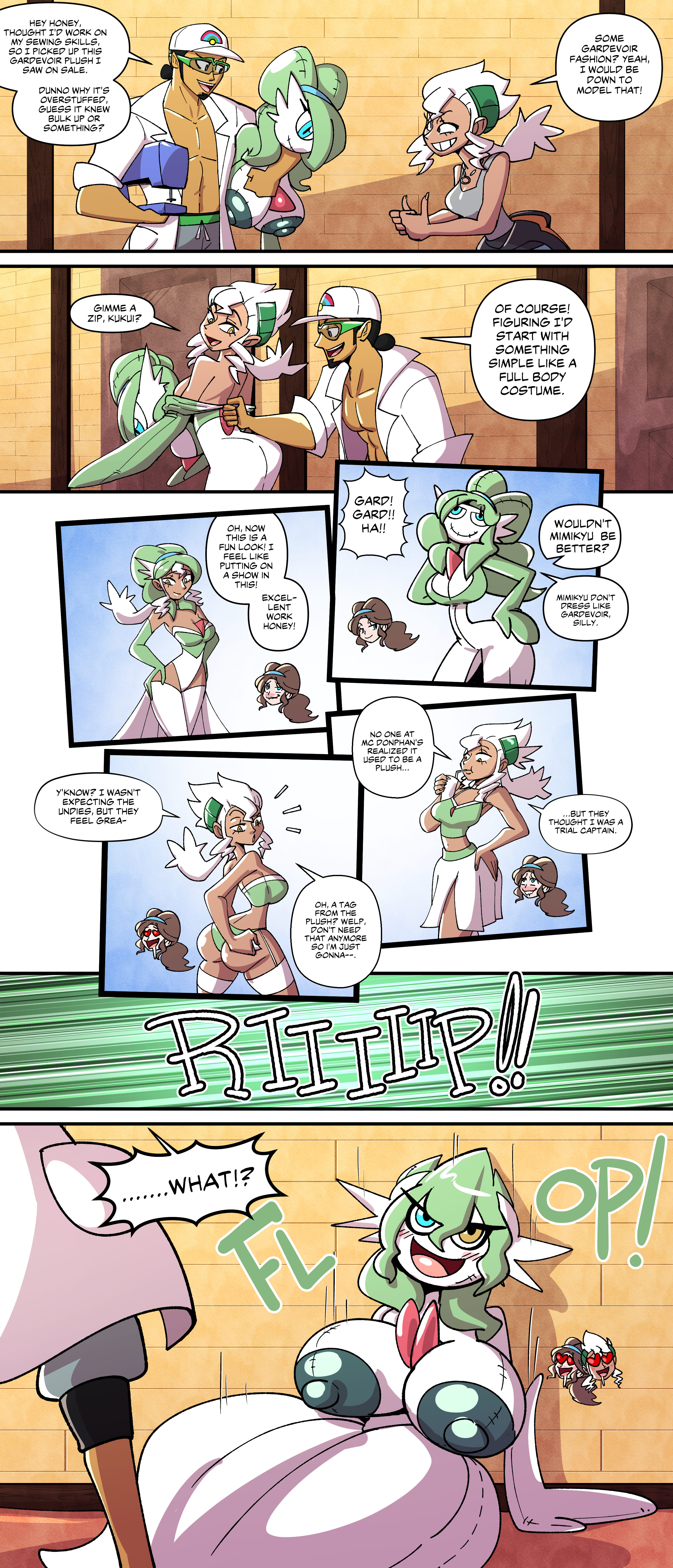 after transformation, alternate version available, brown hair, burnet (pokemon), clothing, clothing transformation, comic, commissioned art, commissioner upload, drink, drinking, fusion, gardevoir, gardevoir (cosplay), gardevoir plushie (meme), green hair, hat, identity death, inanimate transformation, life size plushie, living clothes, mental transformation, modeling, mother (pokemon bw), outfit, outfit swap, plush transformation, plushie, plushification, pokemon, post-transformation, professor kukui, sachasketchy, transformation, wearing partner, white hair