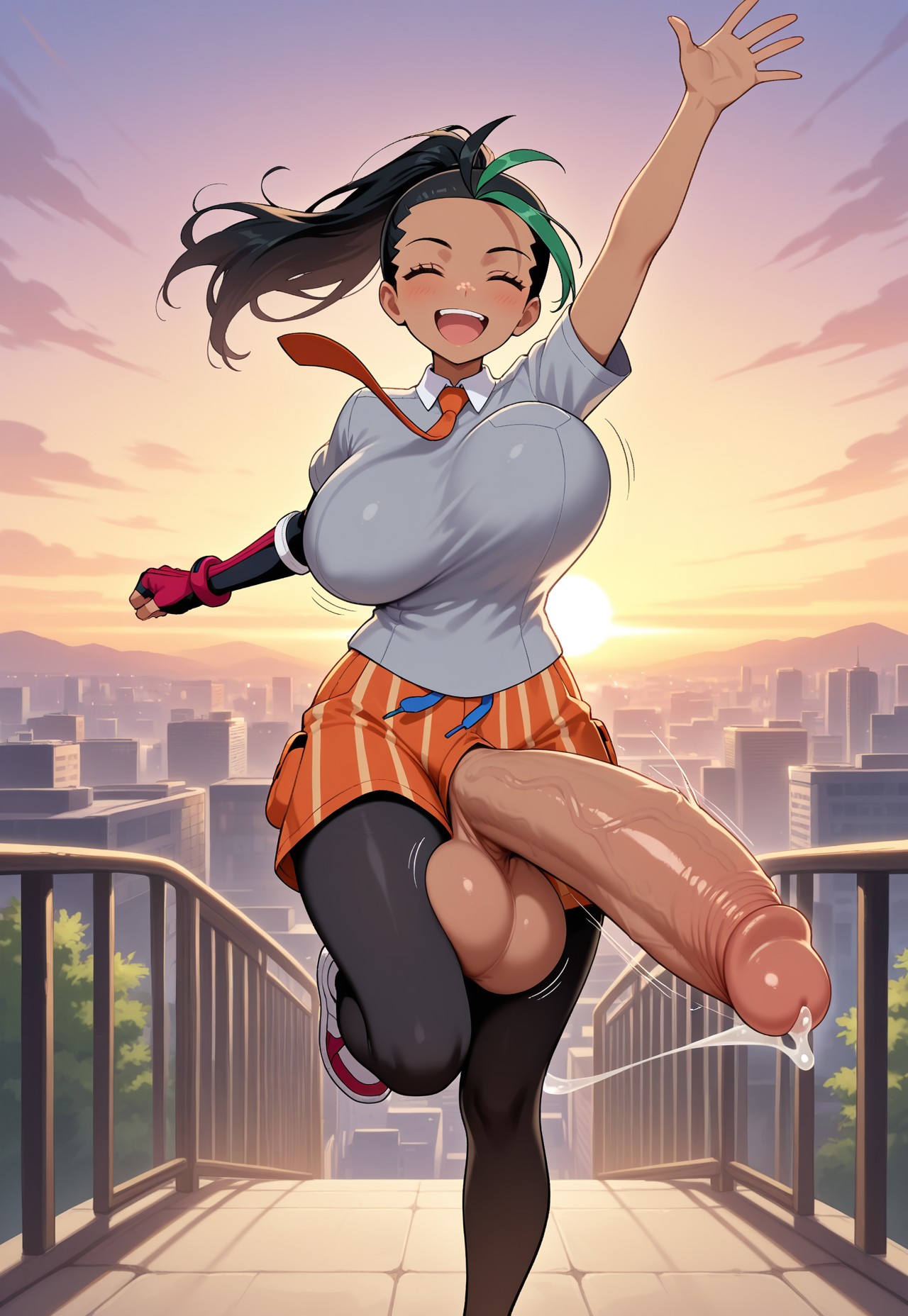 1futa, 1girls, ai generated, balls, big breasts, black hair, black thighhighs, bouncing breasts, breasts, closed eyes, cock keyhole clothing, dark skin, dark-skinned female, female, footwear, forehead, freckles, freckles on face, futanari, happy, happy smile, huge balls, huge cock, intersex, large breasts, motion lines, necktie, nemona (pokemon), one leg up, orange shorts, outdoors, outside, penis, pokemon, pokemon sv, ponytail, precum, precum drip, precum string, running, shorts, single bare arm, single glove, smile, sunset, teeth, thighhighs, two-tone hair, unkftlvr, waving, waving at viewer, waving hand, white shirt