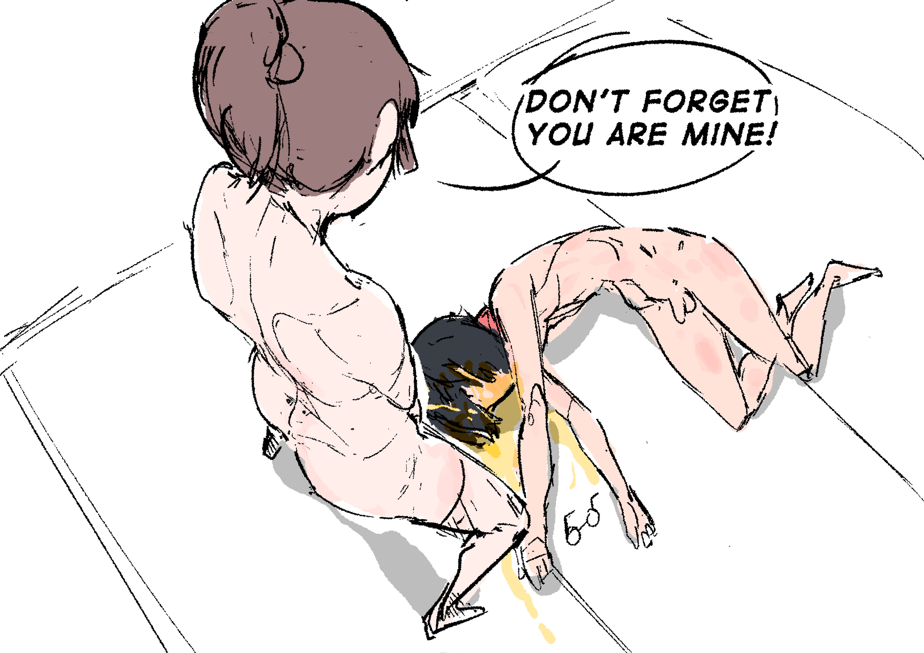 1boy, 1girls, balls, black hair, black-haired male, brown hair, brown-haired female, collar, completely nude, completely nude female, completely nude male, english text, eyewear, eyewear removed, female, femdom, glasses, glasses removed, hi res, hogu (pizzlet), legs apart, light skin, light-skinned female, light-skinned male, male, malesub, medium hair, medium-haired female, miyo (pizzlet), original, original character, peeing, peeing on another, penis, pizzlet, ponytail, short hair, short-haired male, sketch, standing, text