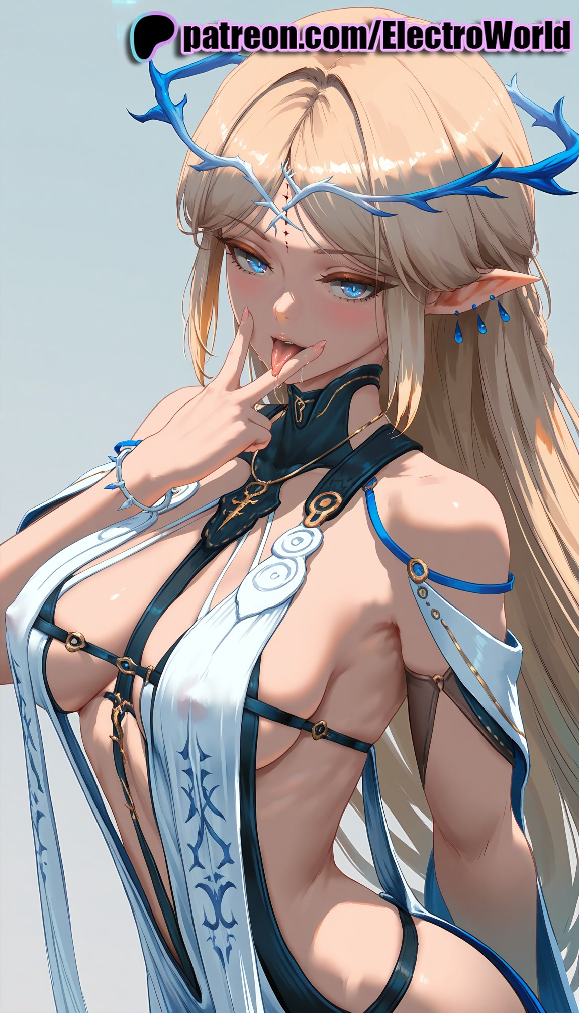 1girls, 2025, ai generated, artist name, blue eyes, breasts, bust, cartethyia (wuthering waves), chest, covered nipples, electroworld, elf, female, hi res, high quality, high resolution, highres, jewelry, long hair, patreon, patreon username, pointy ears, solo, stable diffusion, tongue, tongue out, watermark, wuthering waves